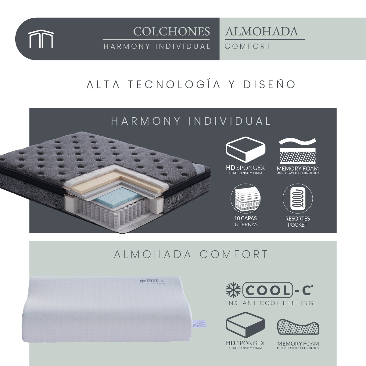 Set Colchón Individual Japandi Harmony + Almohada Memory Foam Ergonómica 60x35 cm