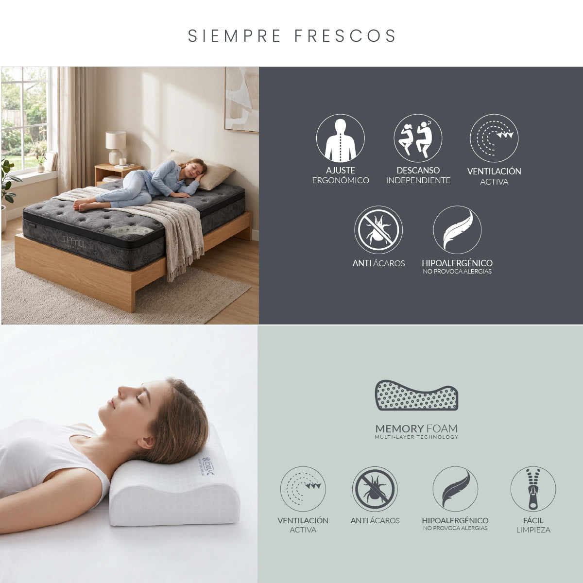 Set Colchón Individual Japandi Harmony + Almohada Memory Foam Ergonómica 60x35 cm