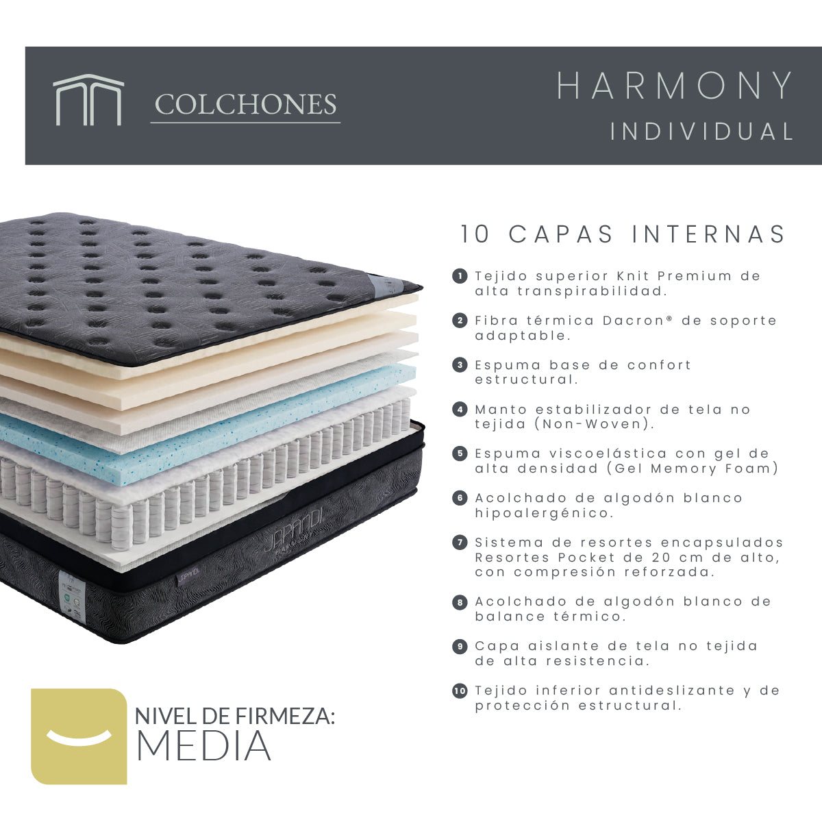 Set Colchón Individual Japandi Harmony + Almohada Memory Foam Ergonómica 60x35 cm
