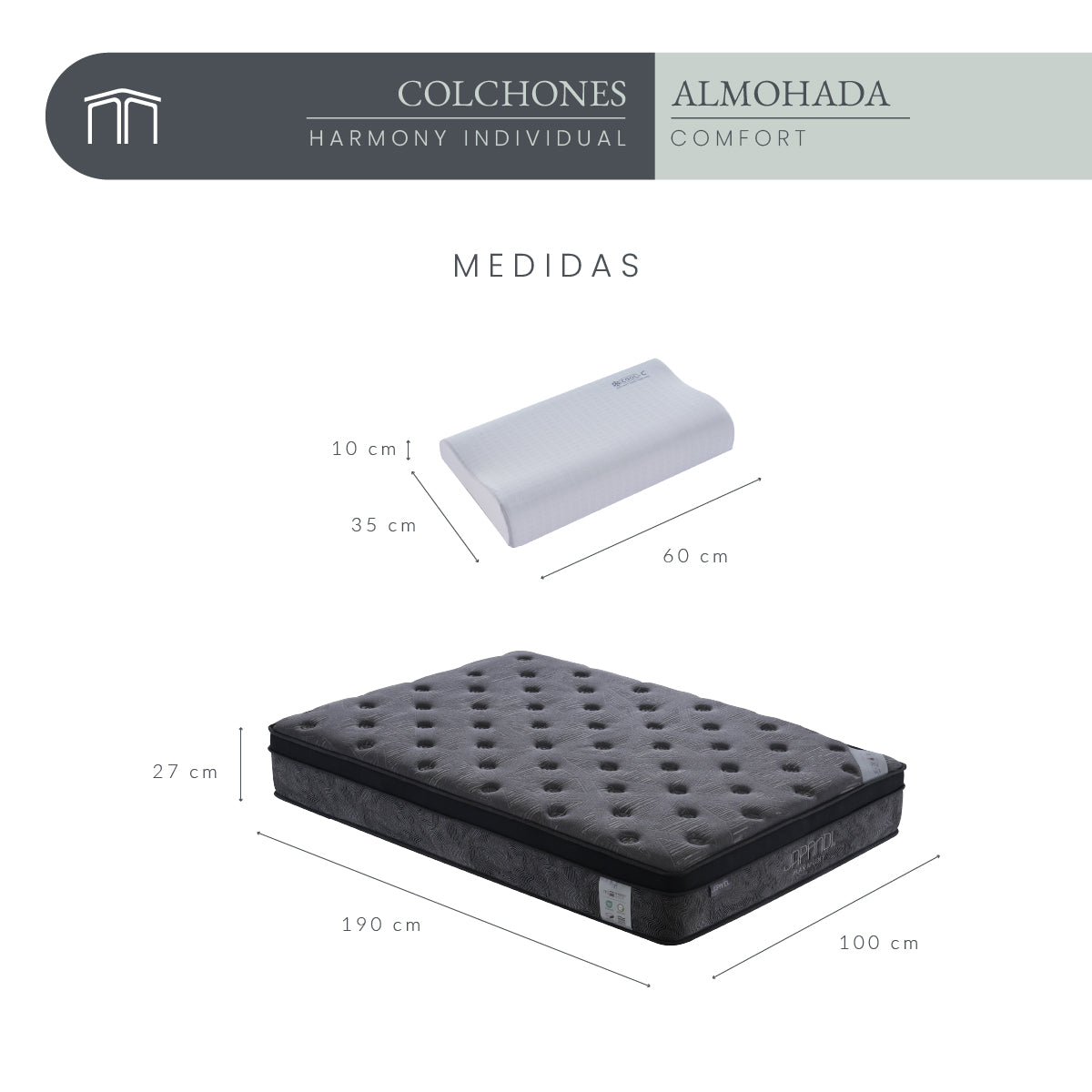 Set Colchón Individual Japandi Harmony + Almohada Memory Foam Ergonómica 60x35 cm