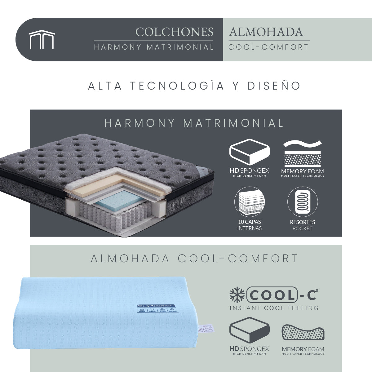 Set Colchón Matrimonial Japandi Harmony + Almohada Memory Foam Ergonómica 60x40 cm