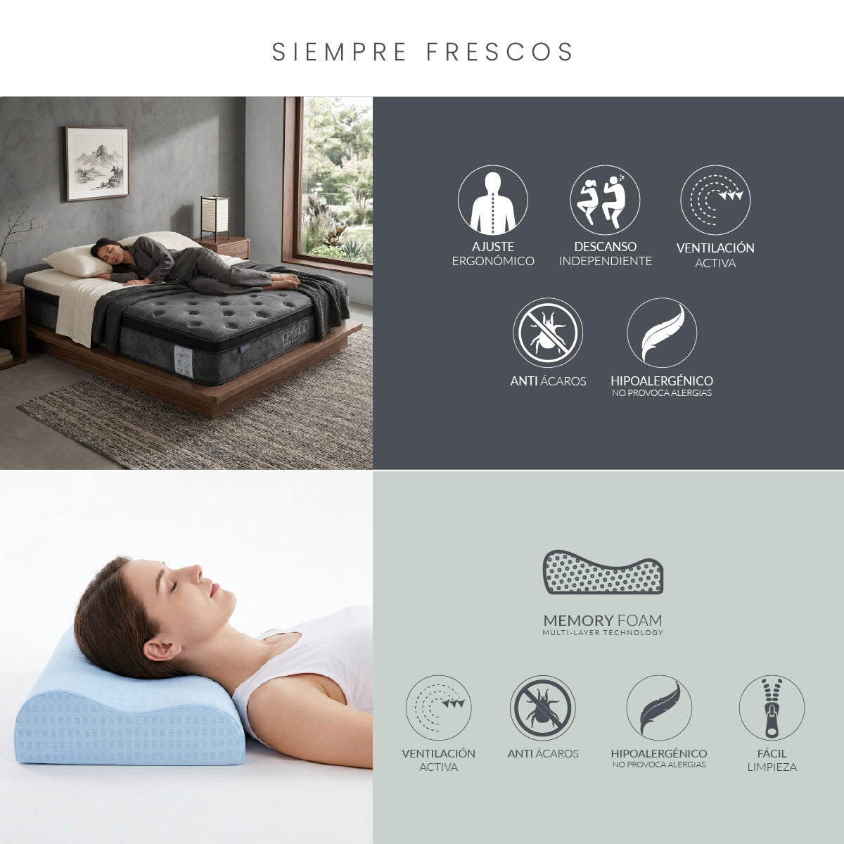Set Colchón Matrimonial Japandi Harmony + Almohada Memory Foam Ergonómica 60x40 cm