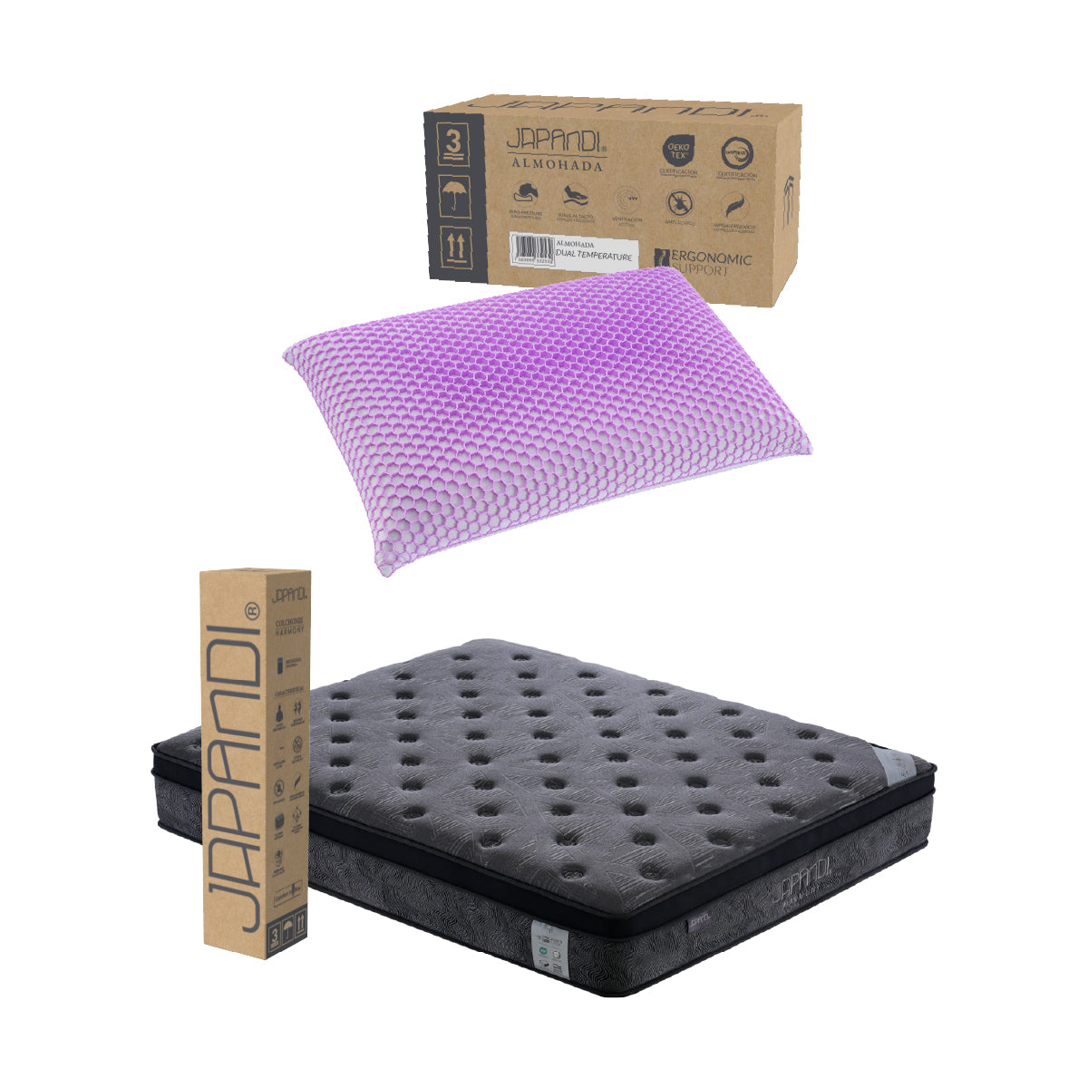 Set Colchón Queen Size Japandi Harmony + Almohada Memory Foam Ergonómica 74 x 48 cm