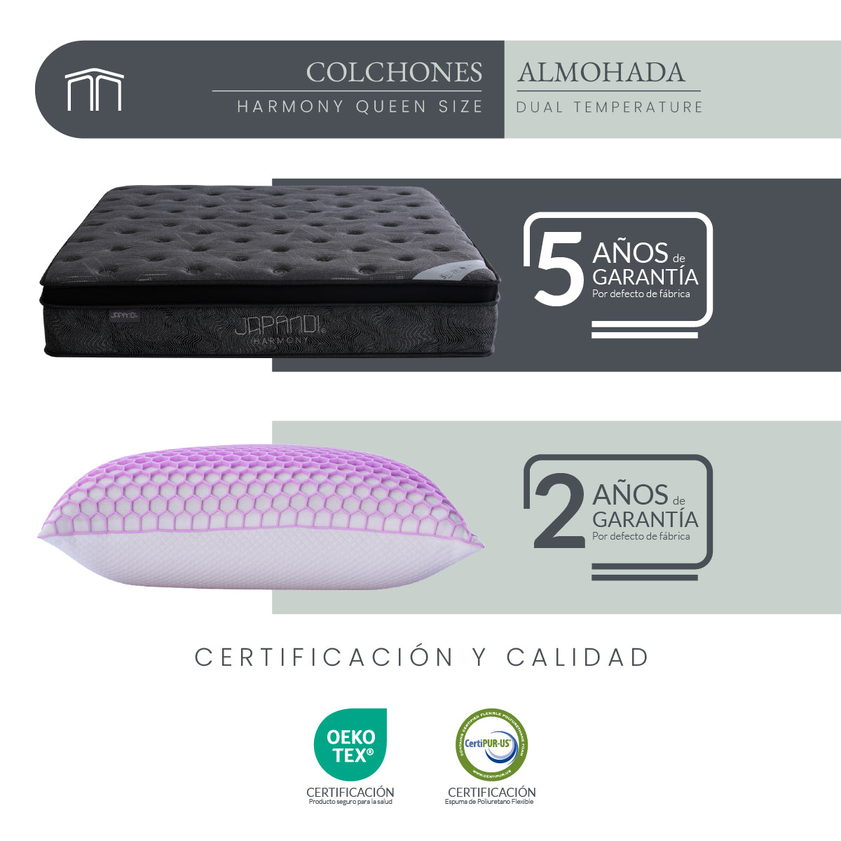 Set Colchón Queen Size Japandi Harmony + Almohada Memory Foam Ergonómica 74 x 48 cm