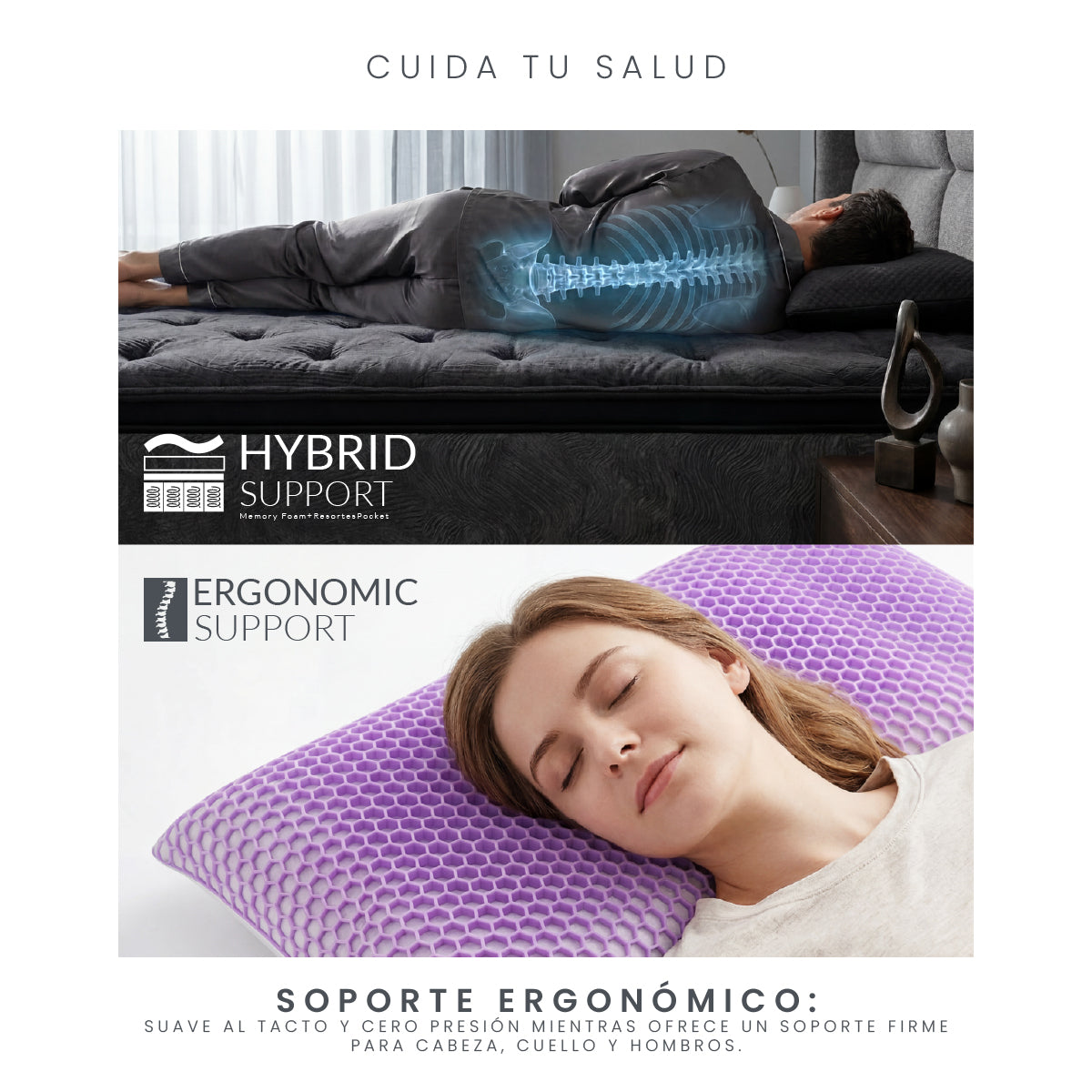 Set Colchón Queen Size Japandi Harmony + Almohada Memory Foam Ergonómica 74 x 48 cm