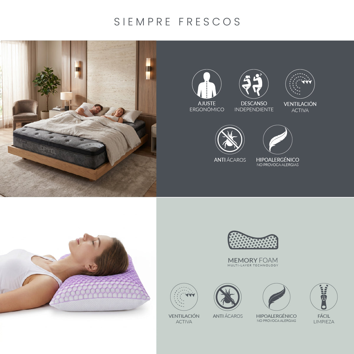 Set Colchón Queen Size Japandi Harmony + Almohada Memory Foam Ergonómica 74 x 48 cm