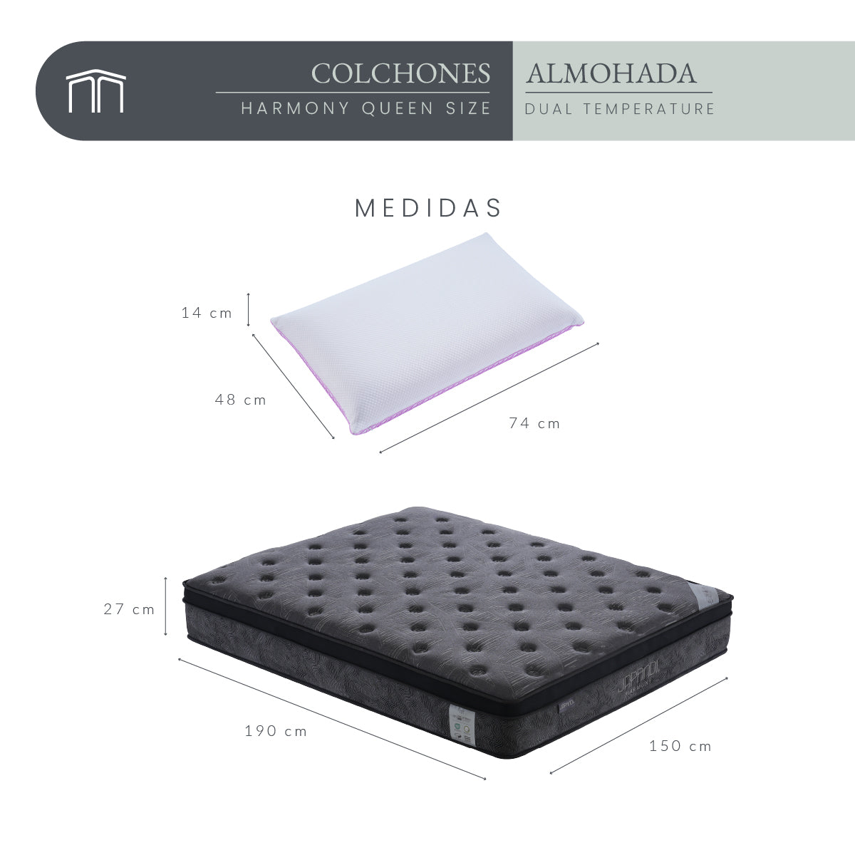 Set Colchón Queen Size Japandi Harmony + Almohada Memory Foam Ergonómica 74 x 48 cm