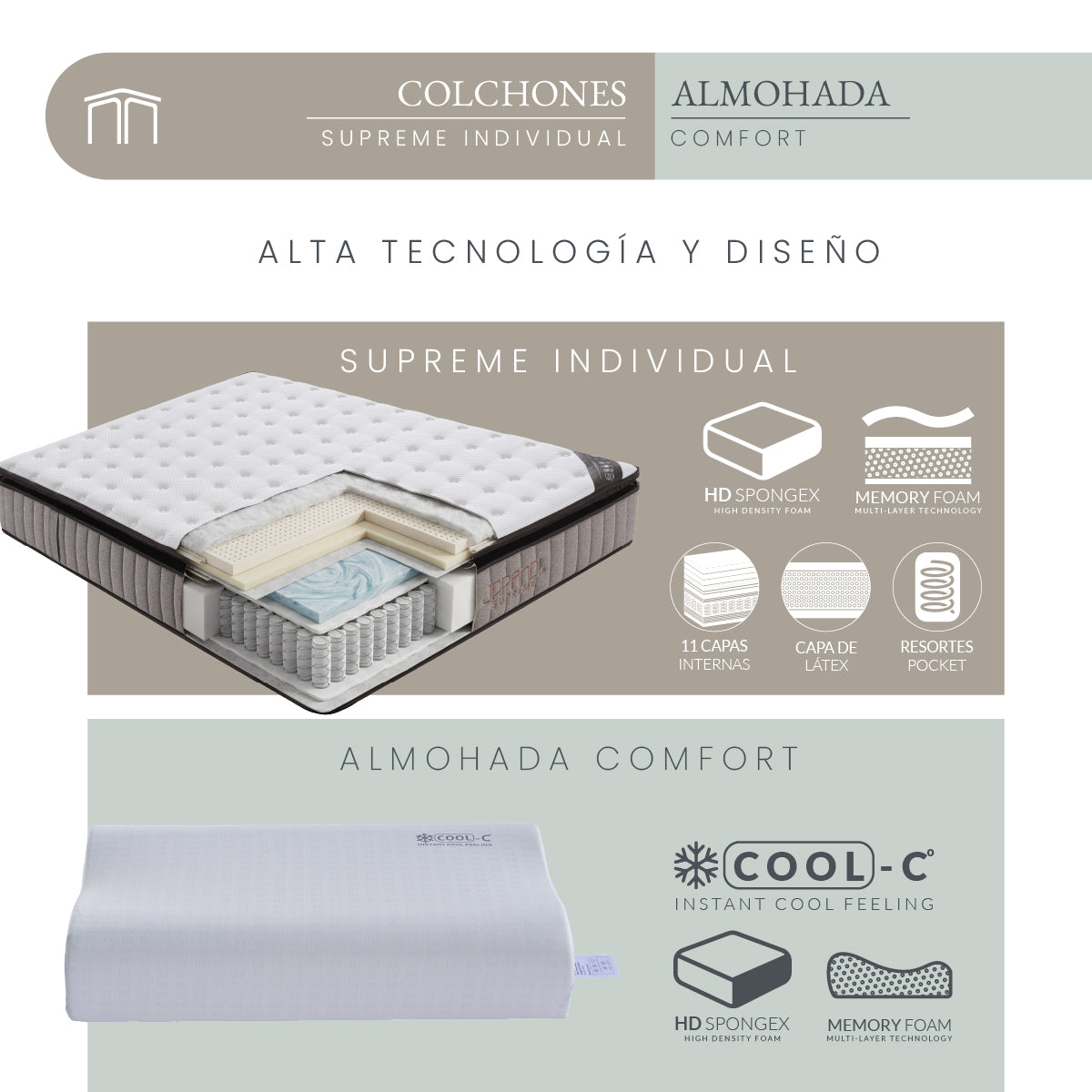 Set Colchón Individual Japandi Supreme + Almohada Memory Foam Ergonómica 60x35 cm