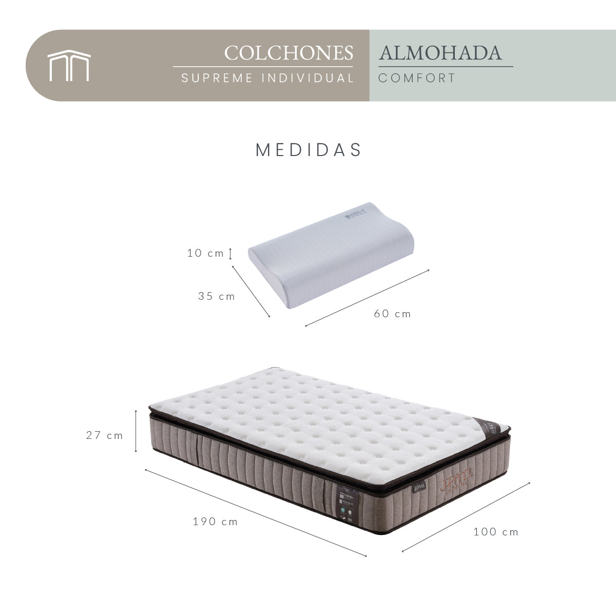 Set Colchón Individual Japandi Supreme + Almohada Memory Foam Ergonómica 60x35 cm