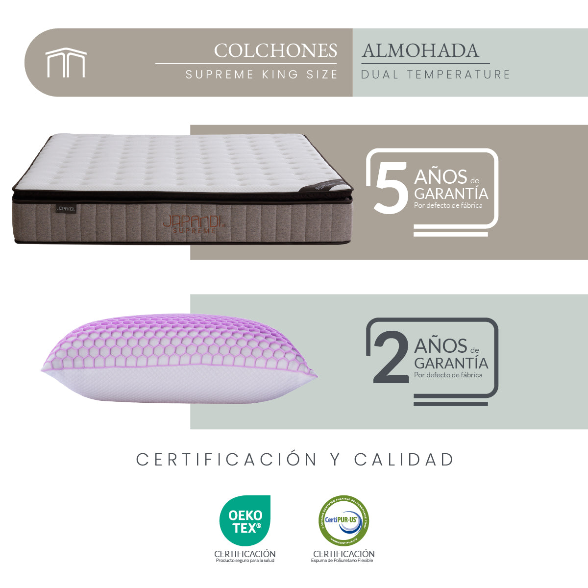 Set Colchón King Size Japandi Supreme + Almohada Memory Foam Ergonómica Dual 74 x 48 cm