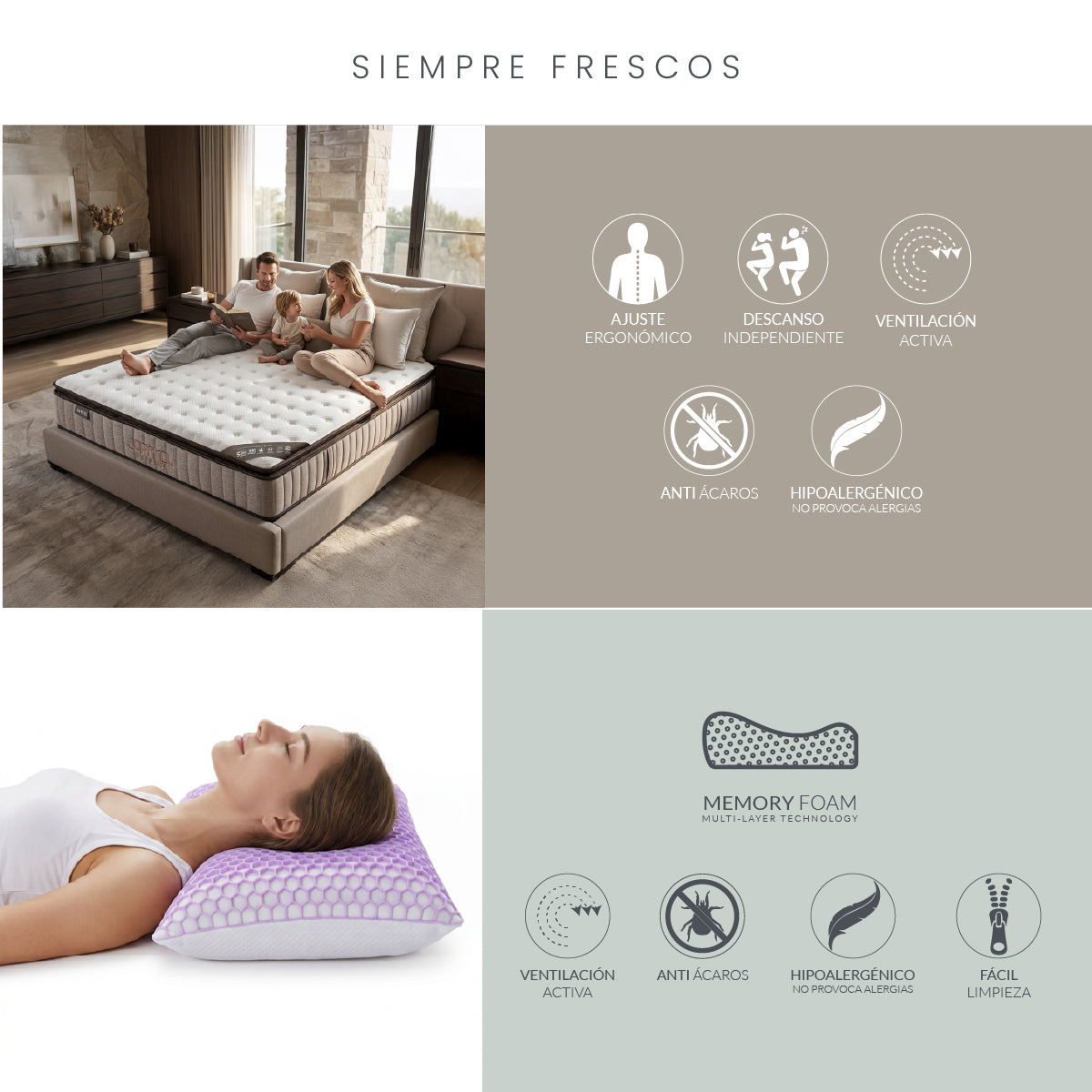 Set Colchón King Size Japandi Supreme + Almohada Memory Foam Ergonómica Dual 74 x 48 cm