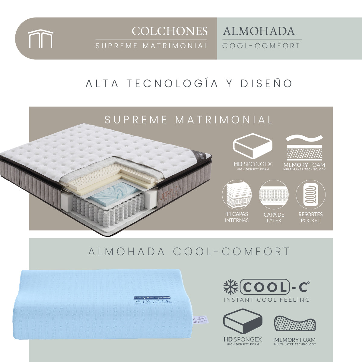 Set Colchón Matrimonial Japandi Supreme + Almohada Memory Foam Ergonómica 60 x 40 cm