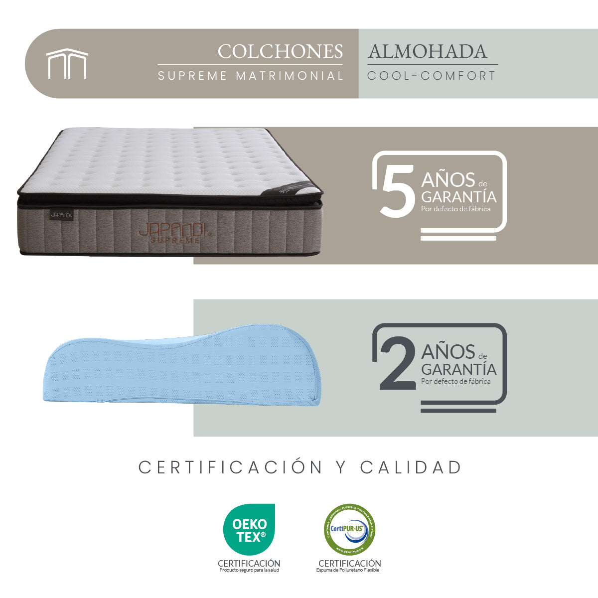 Set Colchón Matrimonial Japandi Supreme + Almohada Memory Foam Ergonómica 60 x 40 cm