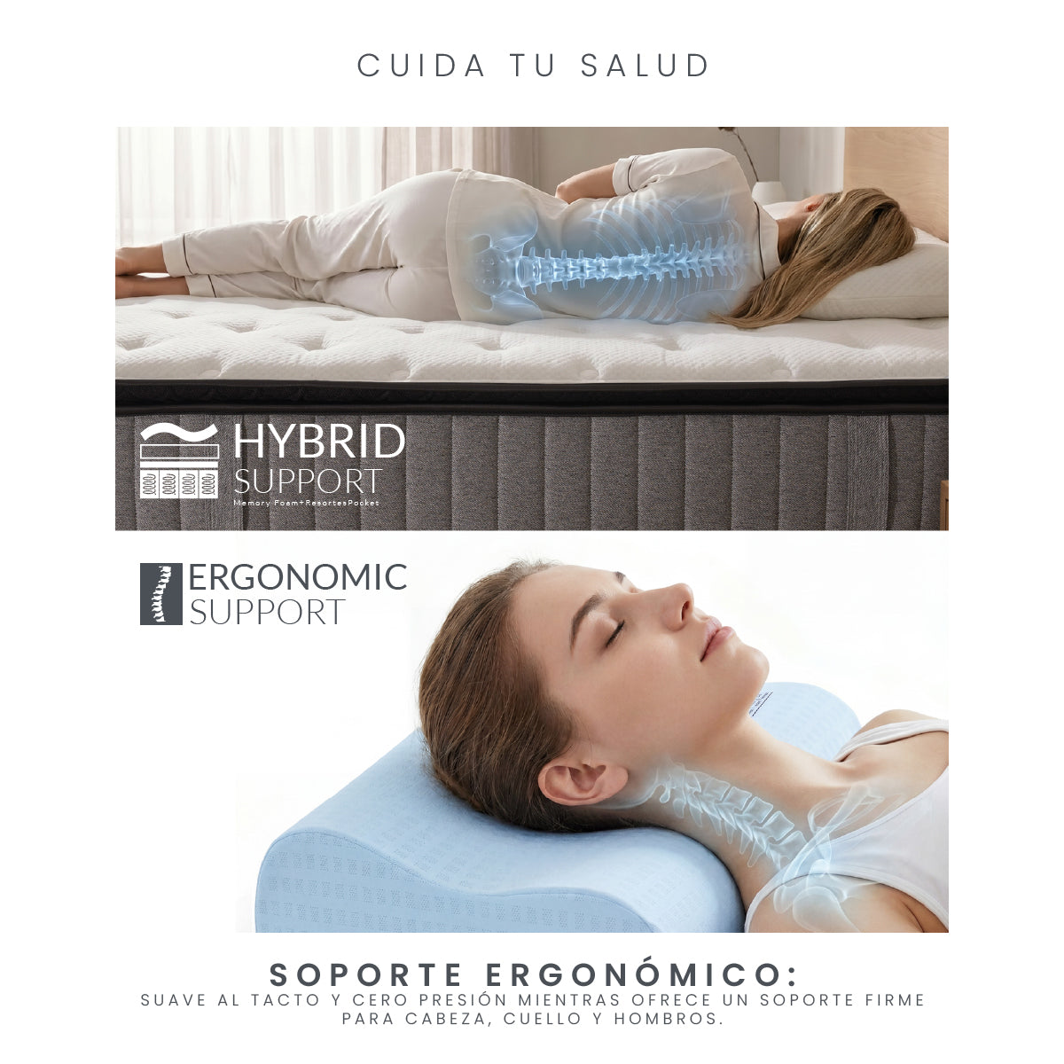 Set Colchón Matrimonial Japandi Supreme + Almohada Memory Foam Ergonómica 60 x 40 cm