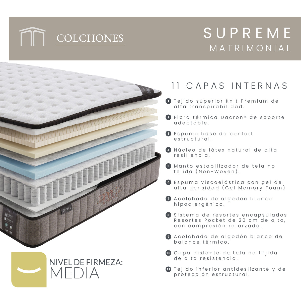 Set Colchón Matrimonial Japandi Supreme + Almohada Memory Foam Ergonómica 60 x 40 cm