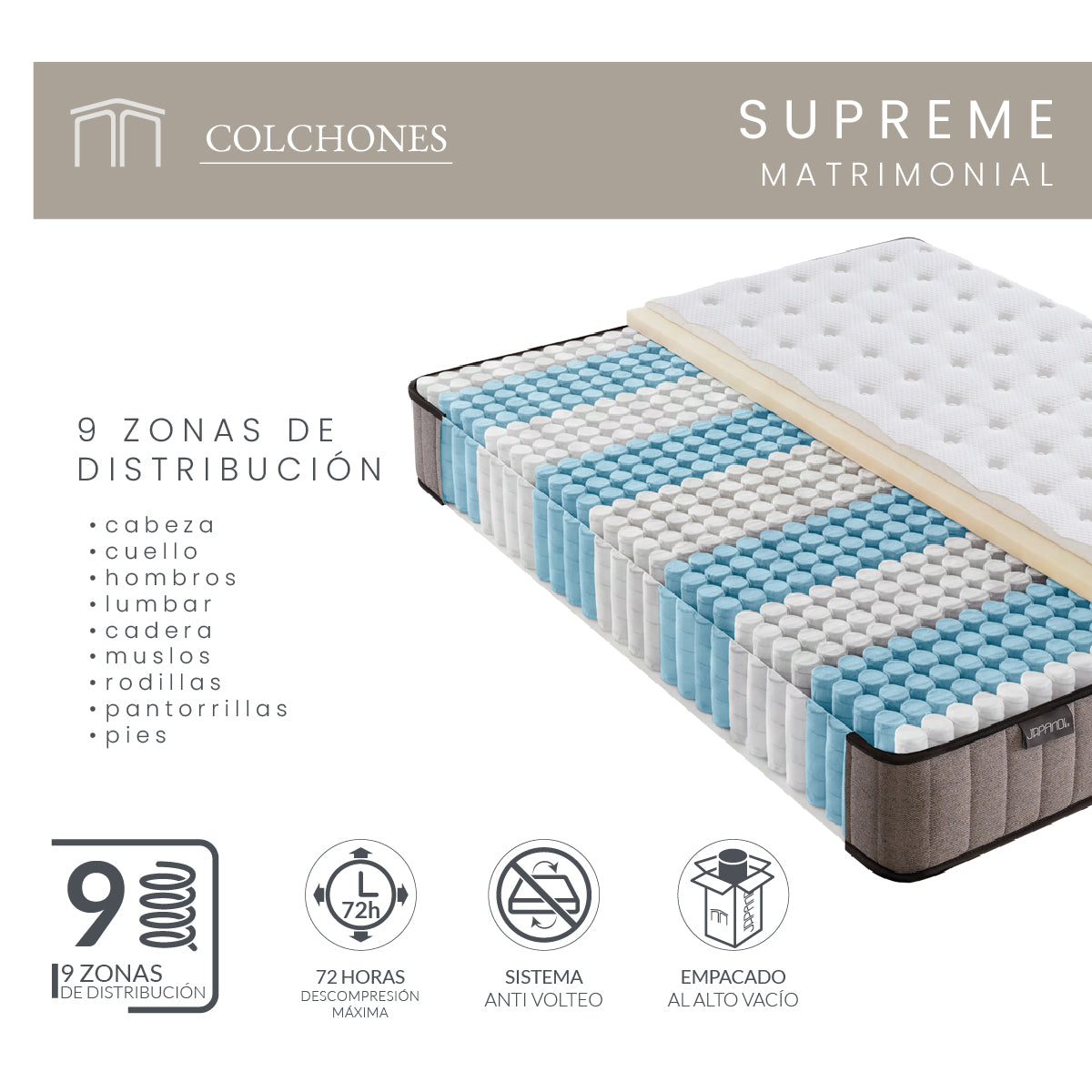 Set Colchón Matrimonial Japandi Supreme + Almohada Memory Foam Ergonómica 60 x 40 cm