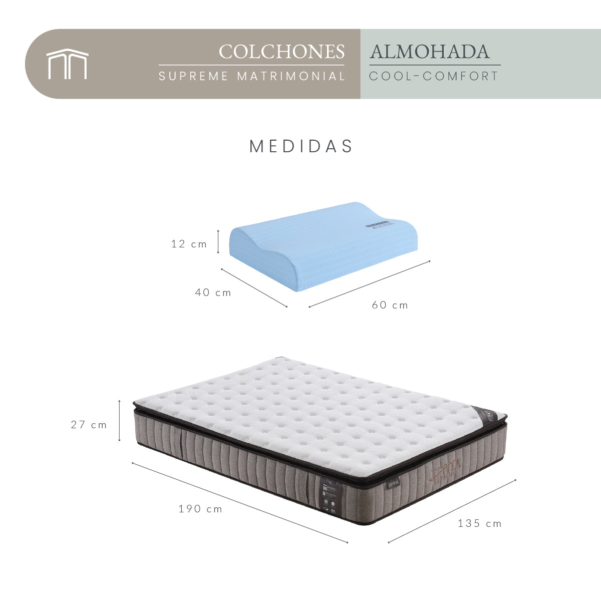 Set Colchón Matrimonial Japandi Supreme + Almohada Memory Foam Ergonómica 60 x 40 cm
