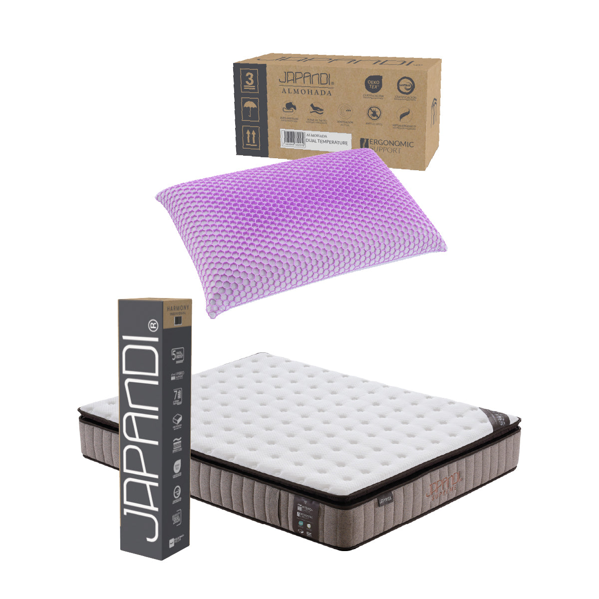 Set Colchón Queen Size Japandi Supreme + Almohada Memory Foam Ergonómica Dual 74 x 48 cm