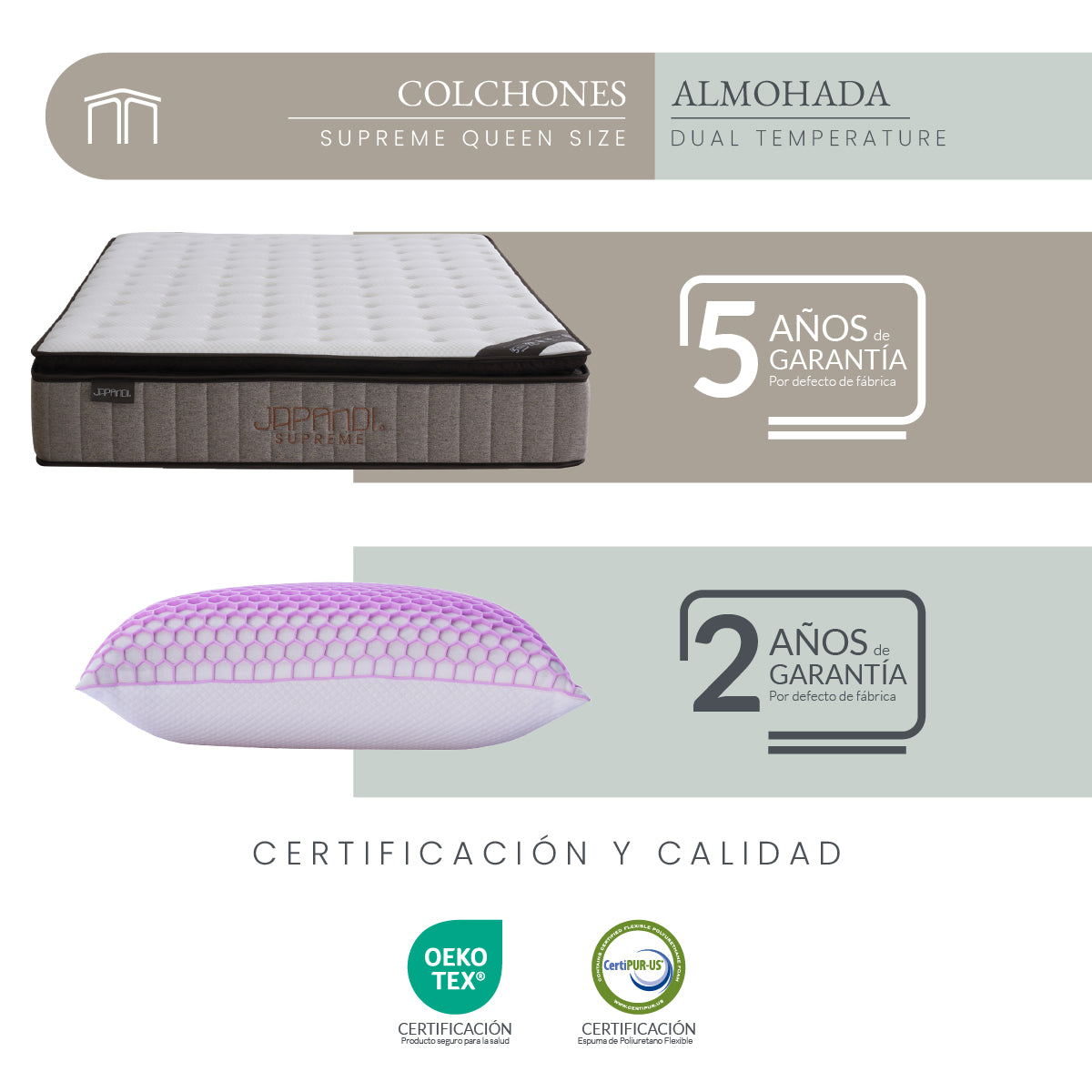 Set Colchón Queen Size Japandi Supreme + Almohada Memory Foam Ergonómica Dual 74 x 48 cm