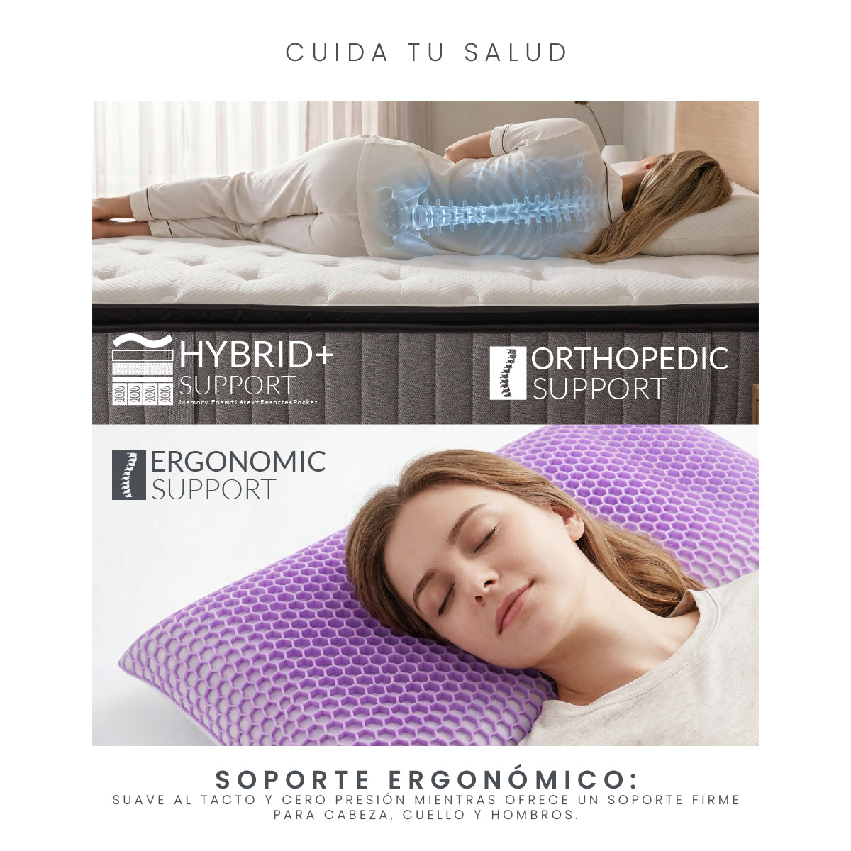 Set Colchón Queen Size Japandi Supreme + Almohada Memory Foam Ergonómica Dual 74 x 48 cm