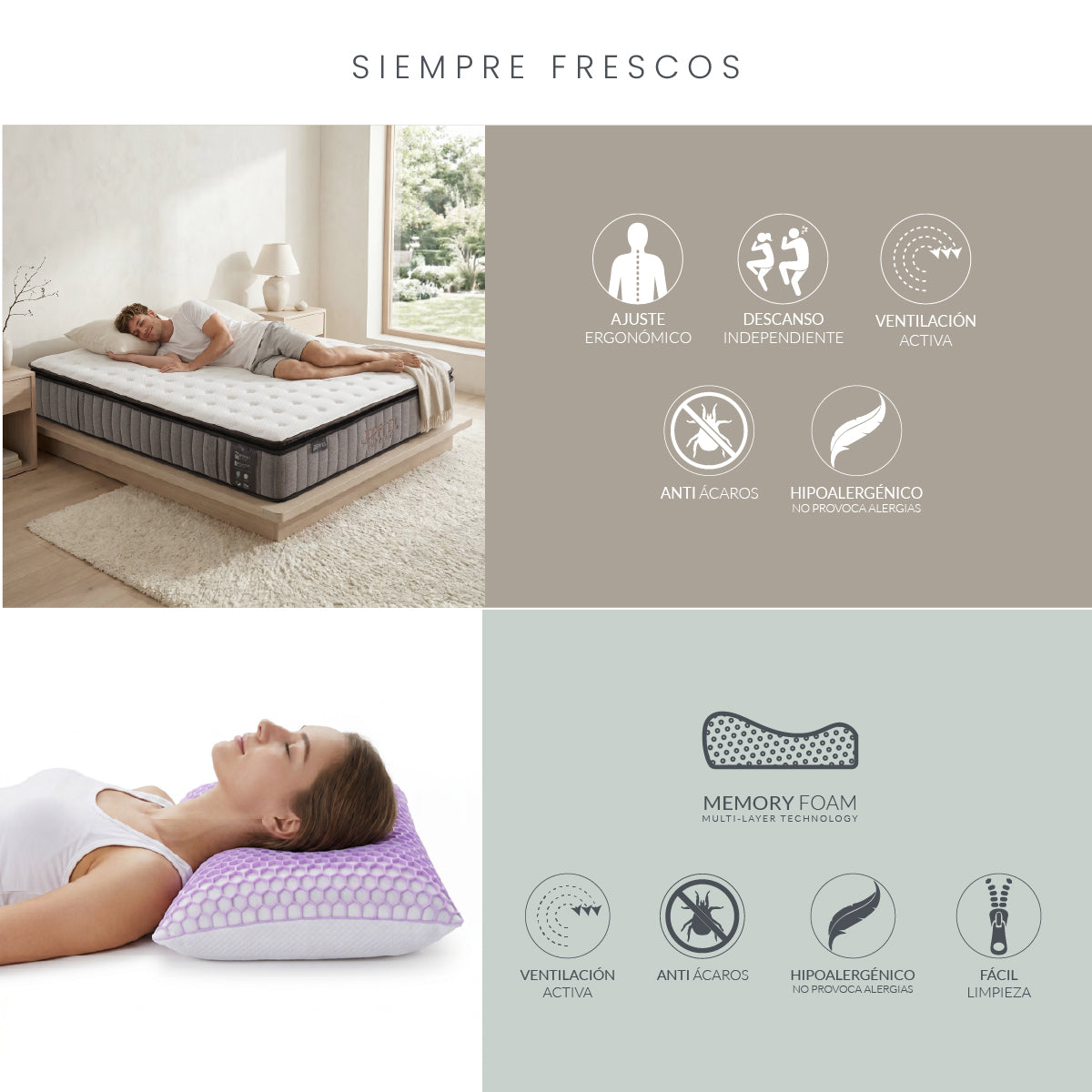 Set Colchón Queen Size Japandi Supreme + Almohada Memory Foam Ergonómica Dual 74 x 48 cm