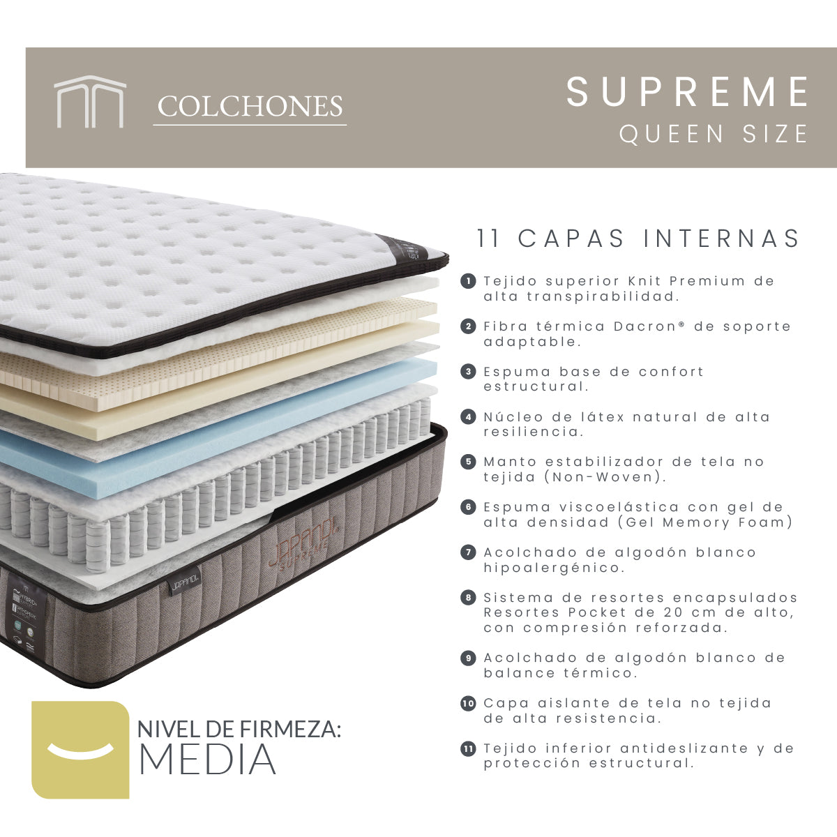 Set Colchón Queen Size Japandi Supreme + Almohada Memory Foam Ergonómica Dual 74 x 48 cm