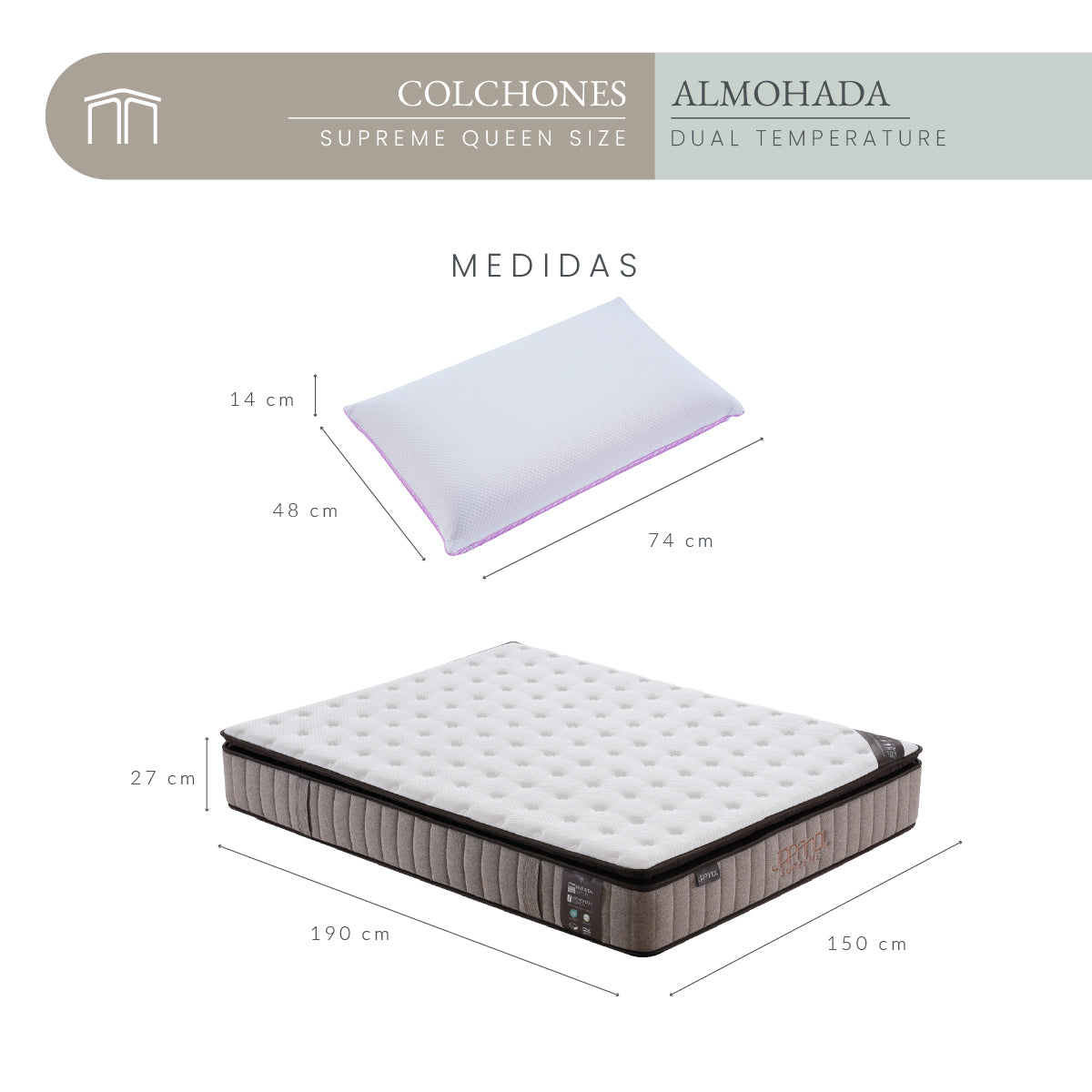 Set Colchón Queen Size Japandi Supreme + Almohada Memory Foam Ergonómica Dual 74 x 48 cm