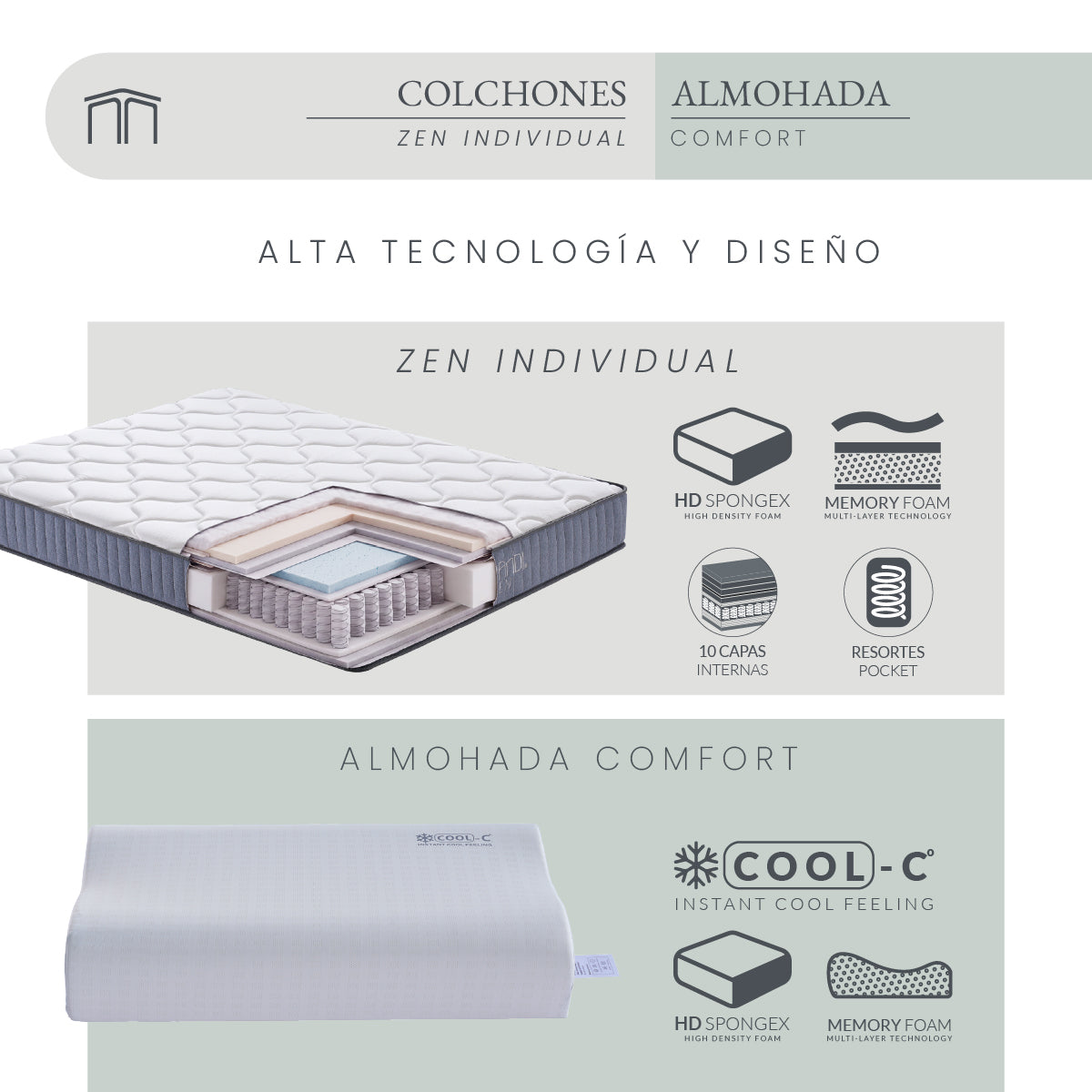 Set Colchón Zen Individual + Almohada Memory Foam Ergonómica 60x35 cm