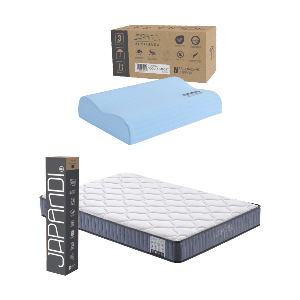 Set Colchón Matrimonial Japandi Zen + Almohada Memory Foam Ergonómica 60x40 cm