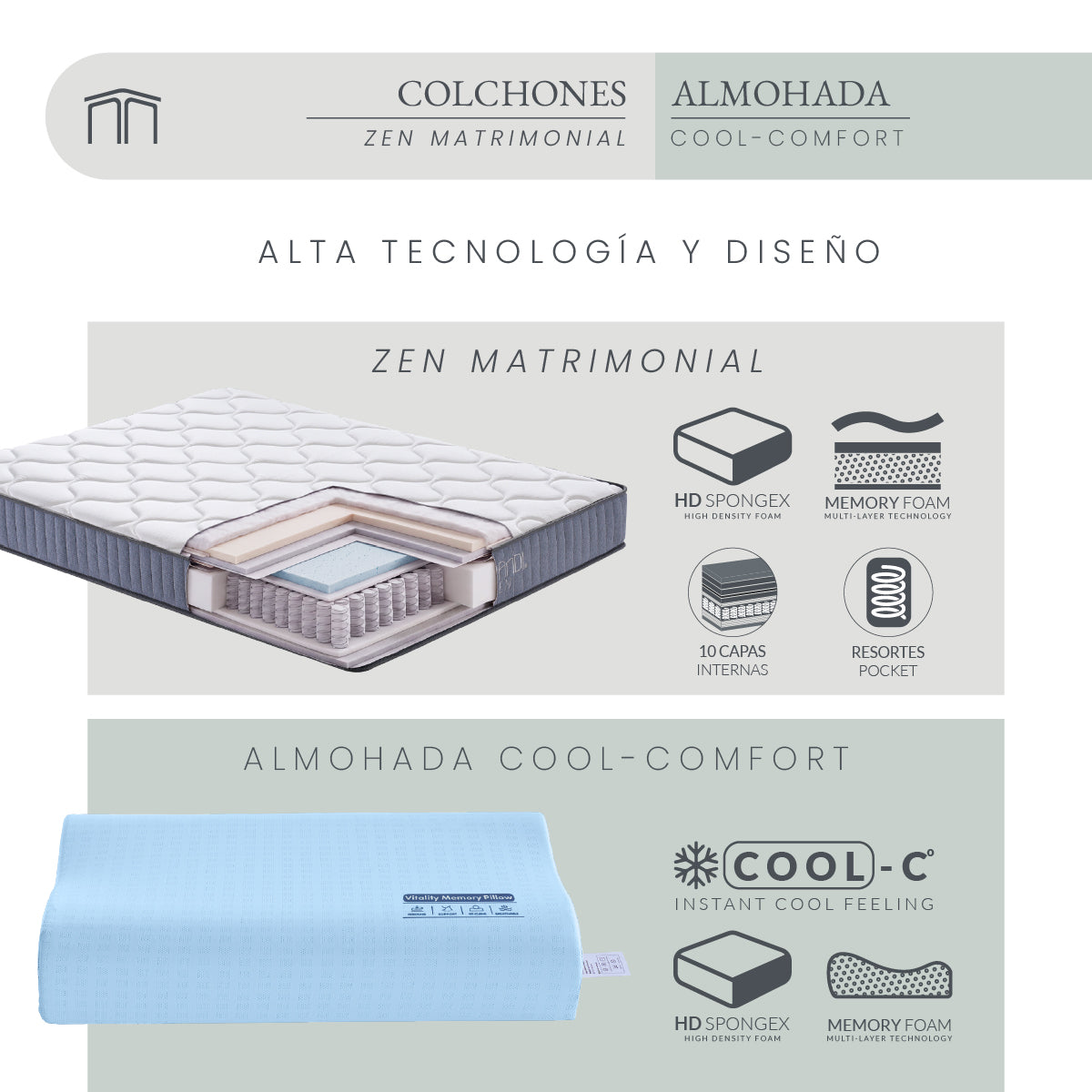 Set Colchón Matrimonial Japandi Zen + Almohada Memory Foam Ergonómica 60x40 cm