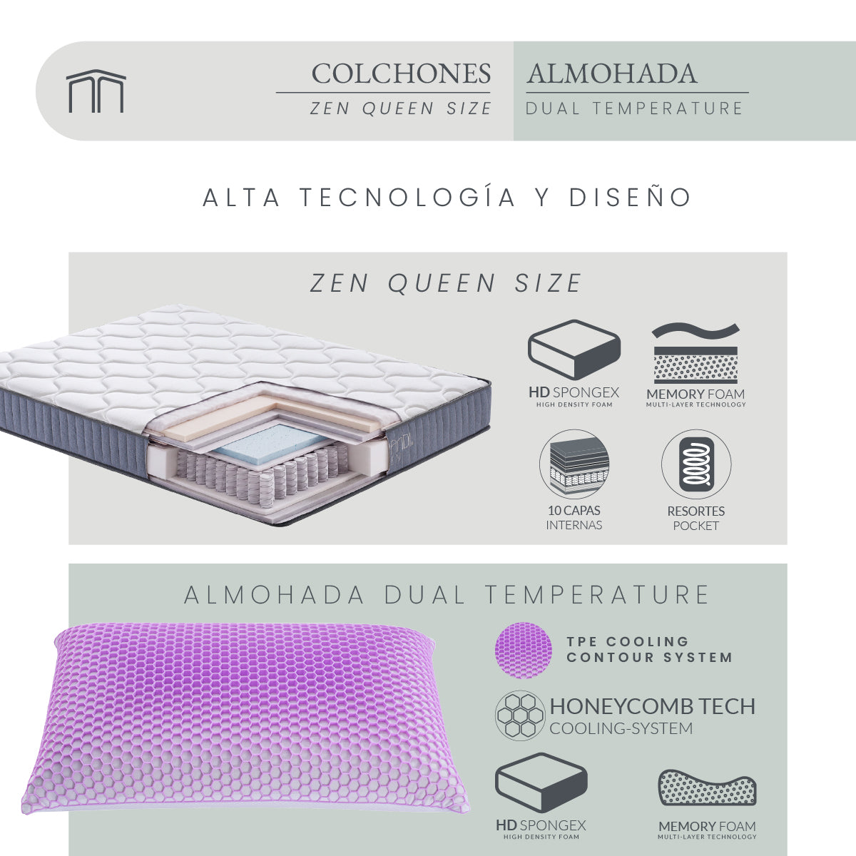 Set Colchón Zen Queen Size + Almohada Dual Temperature 74x 48 cm