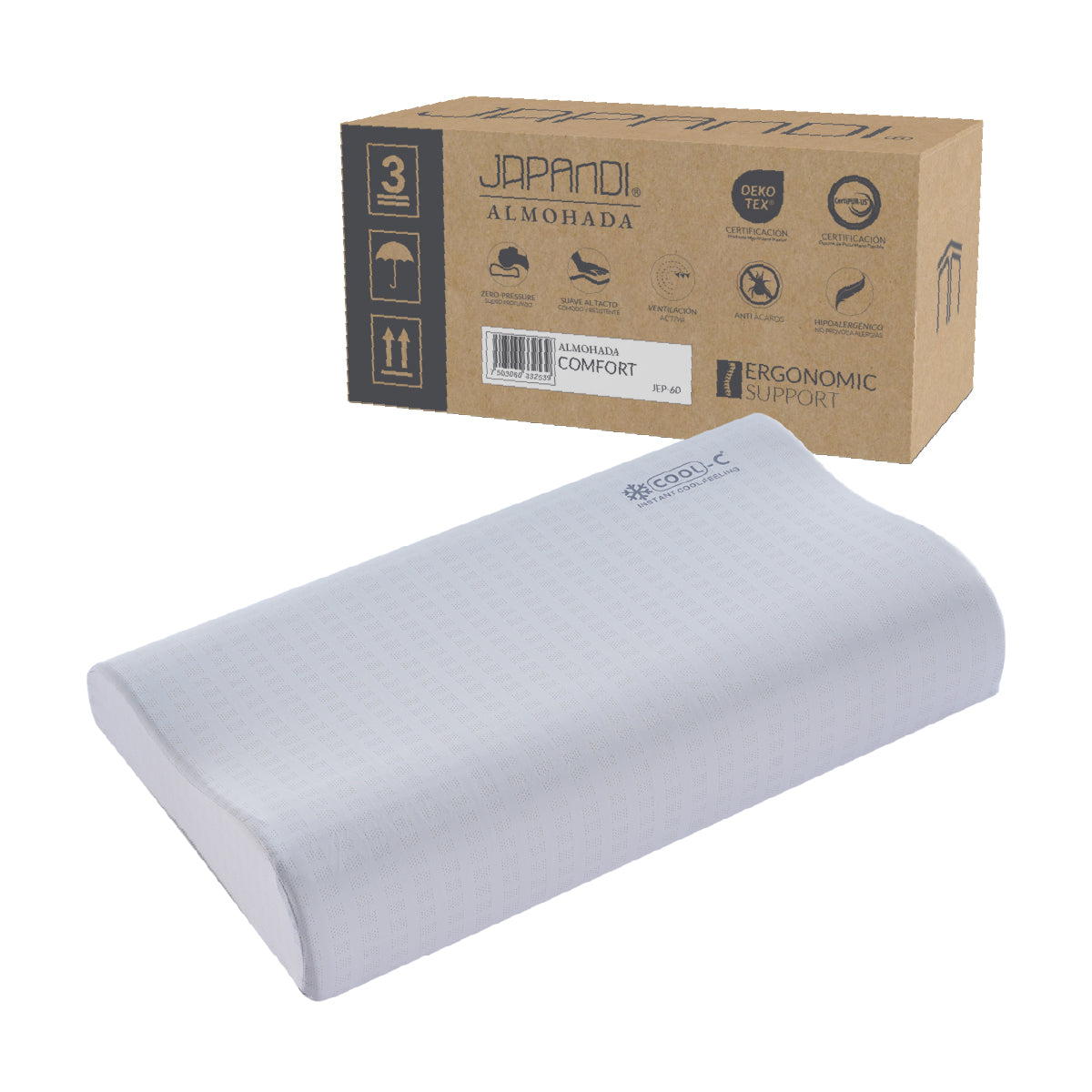 Almohada Memory Foam Comfort JEP-60 Ergonómica con Soporte Cervical, Funda Hipoalergénica y Tecnología Cool-C 60x35 cm