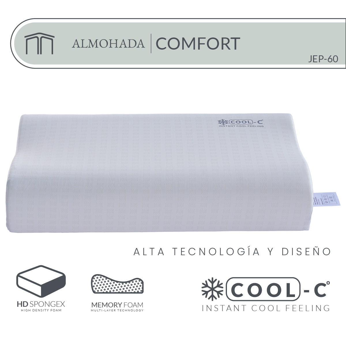 Almohada Memory Foam Comfort JEP-60 Ergonómica con Soporte Cervical, Funda Hipoalergénica y Tecnología Cool-C 60x35 cm
