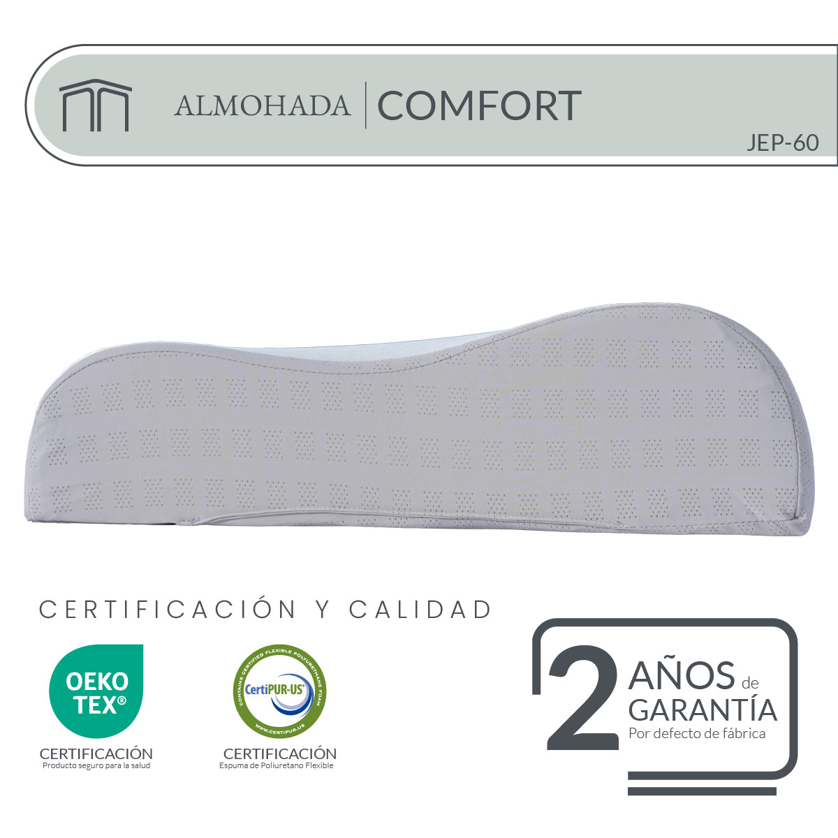 Almohada Memory Foam Comfort JEP-60 Ergonómica con Soporte Cervical, Funda Hipoalergénica y Tecnología Cool-C 60x35 cm