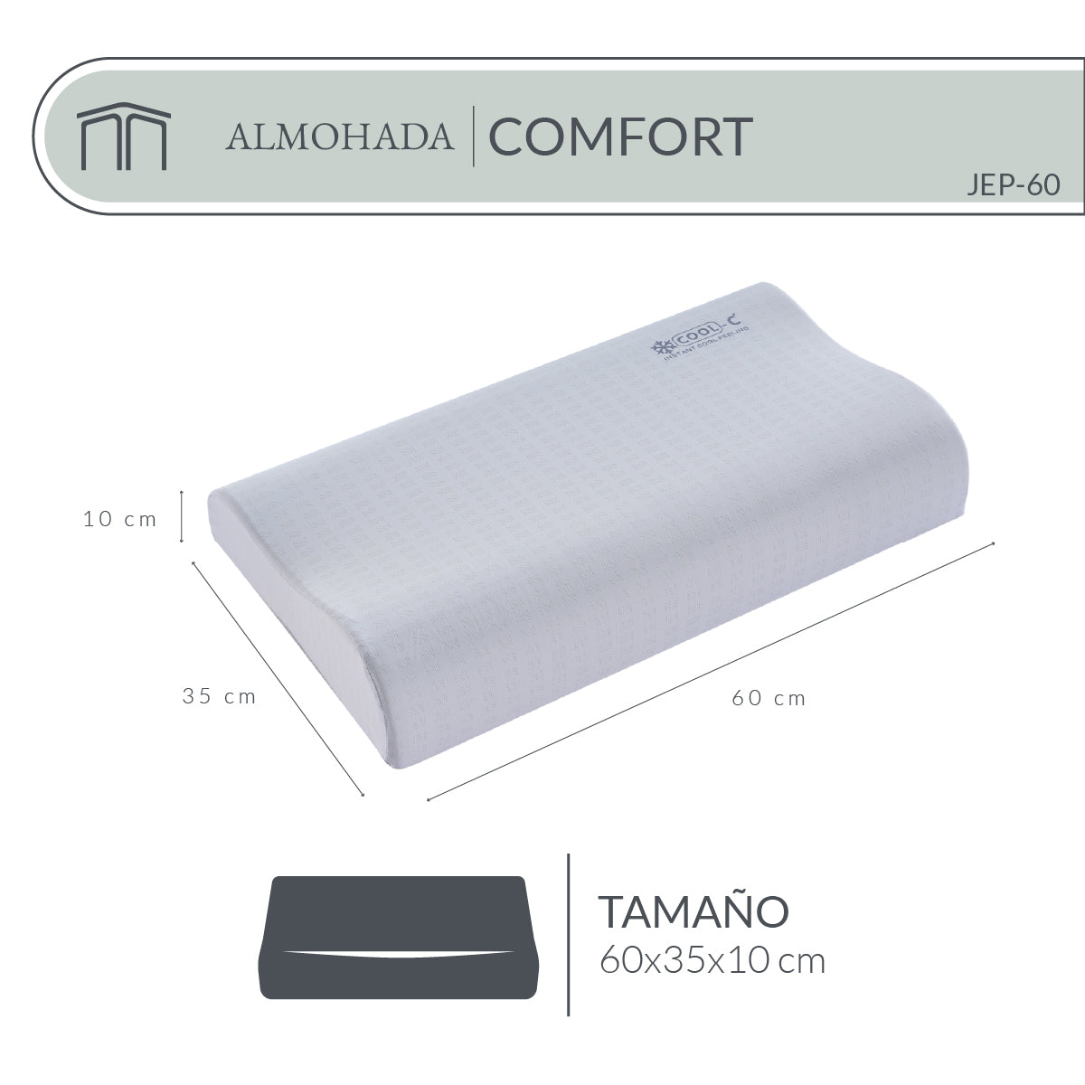 Almohada Memory Foam Comfort JEP-60 Ergonómica con Soporte Cervical, Funda Hipoalergénica y Tecnología Cool-C 60x35 cm