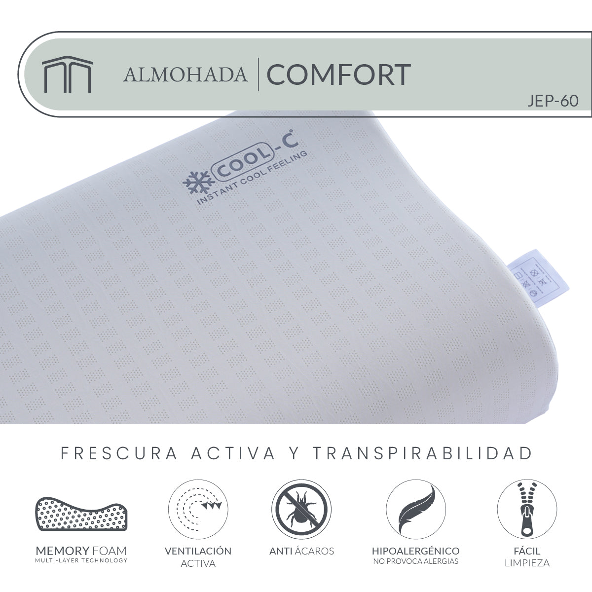Almohada Memory Foam Comfort JEP-60 Ergonómica con Soporte Cervical, Funda Hipoalergénica y Tecnología Cool-C 60x35 cm