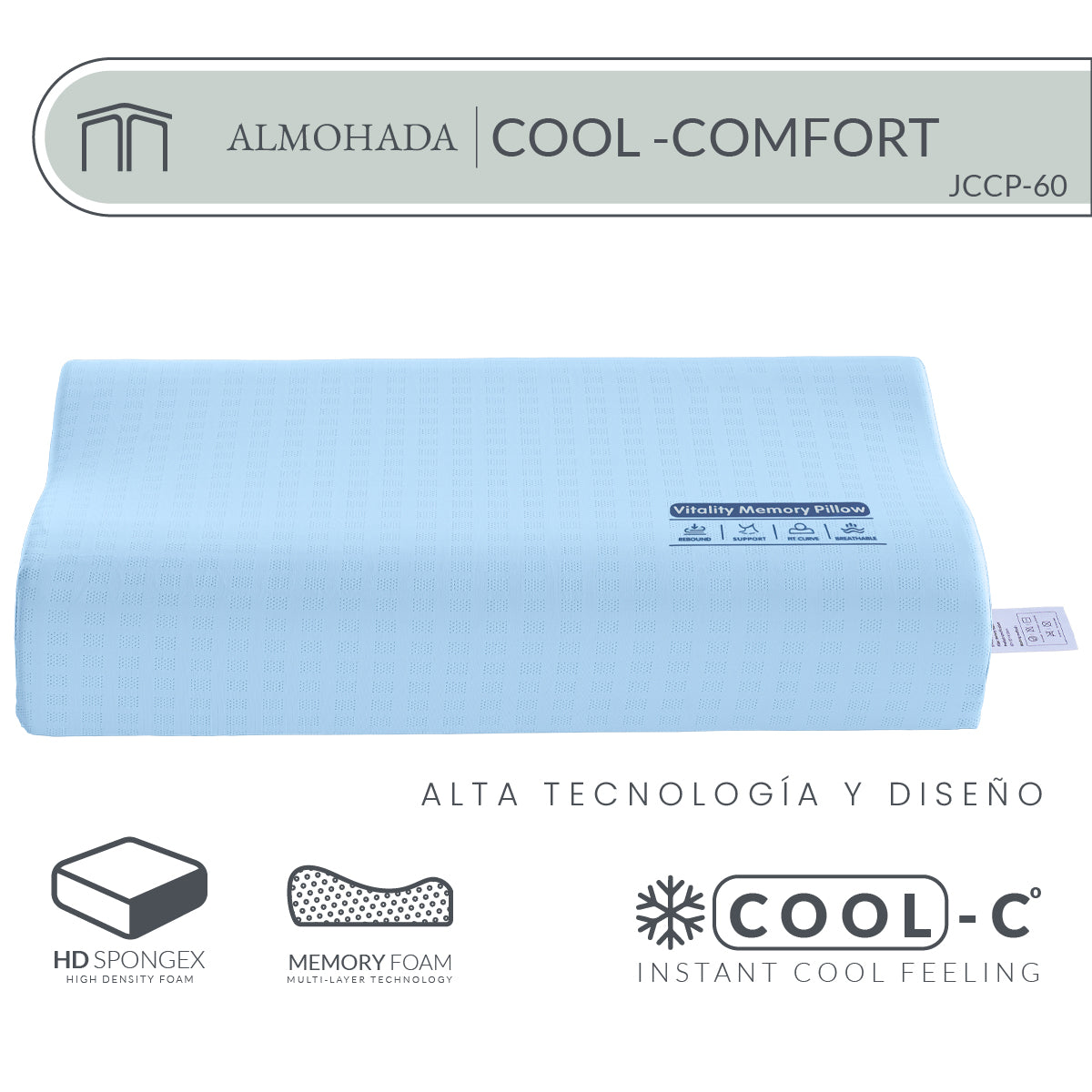 Almohada Memory Foam Cool-Comfort JCCP-60 Ergonómica con Soporte Cervical y Tecnología Cool-C 60x40 cm