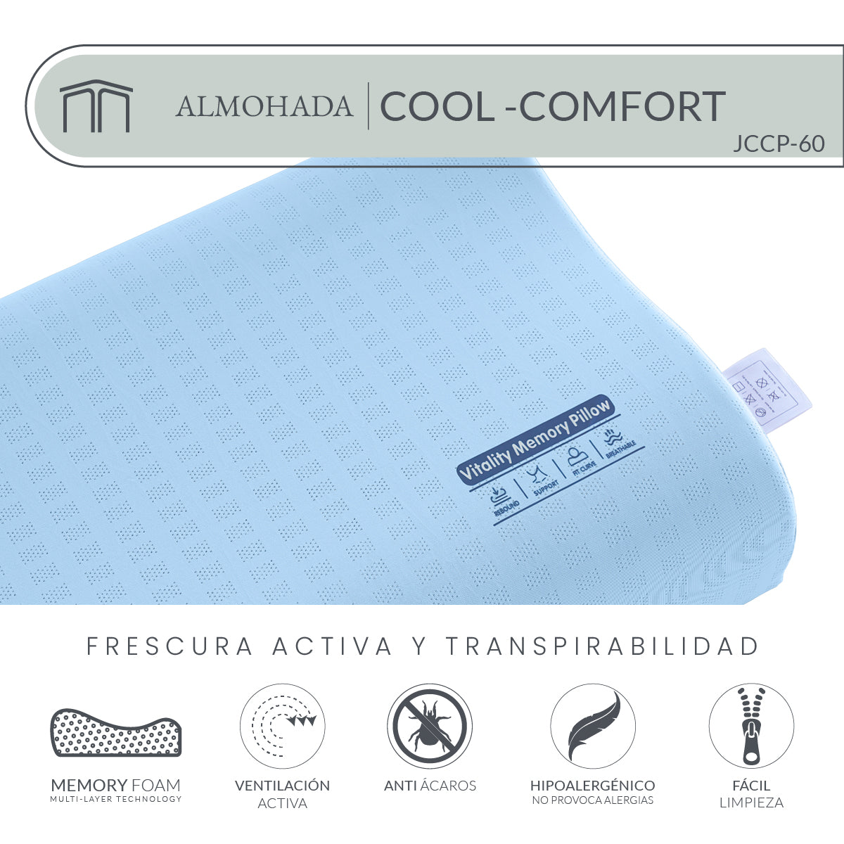 Almohada Memory Foam Cool-Comfort JCCP-60 Ergonómica con Soporte Cervical y Tecnología Cool-C 60x40 cm
