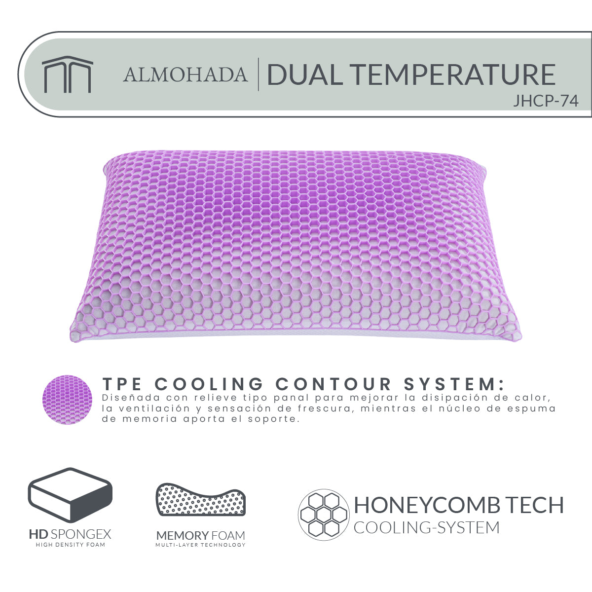 Almohada Memory Foam Dual Temperature JHCP-74 Ergonómica con Tecnología Honeycomb Tech y Soporte Cervical 74x48 cm