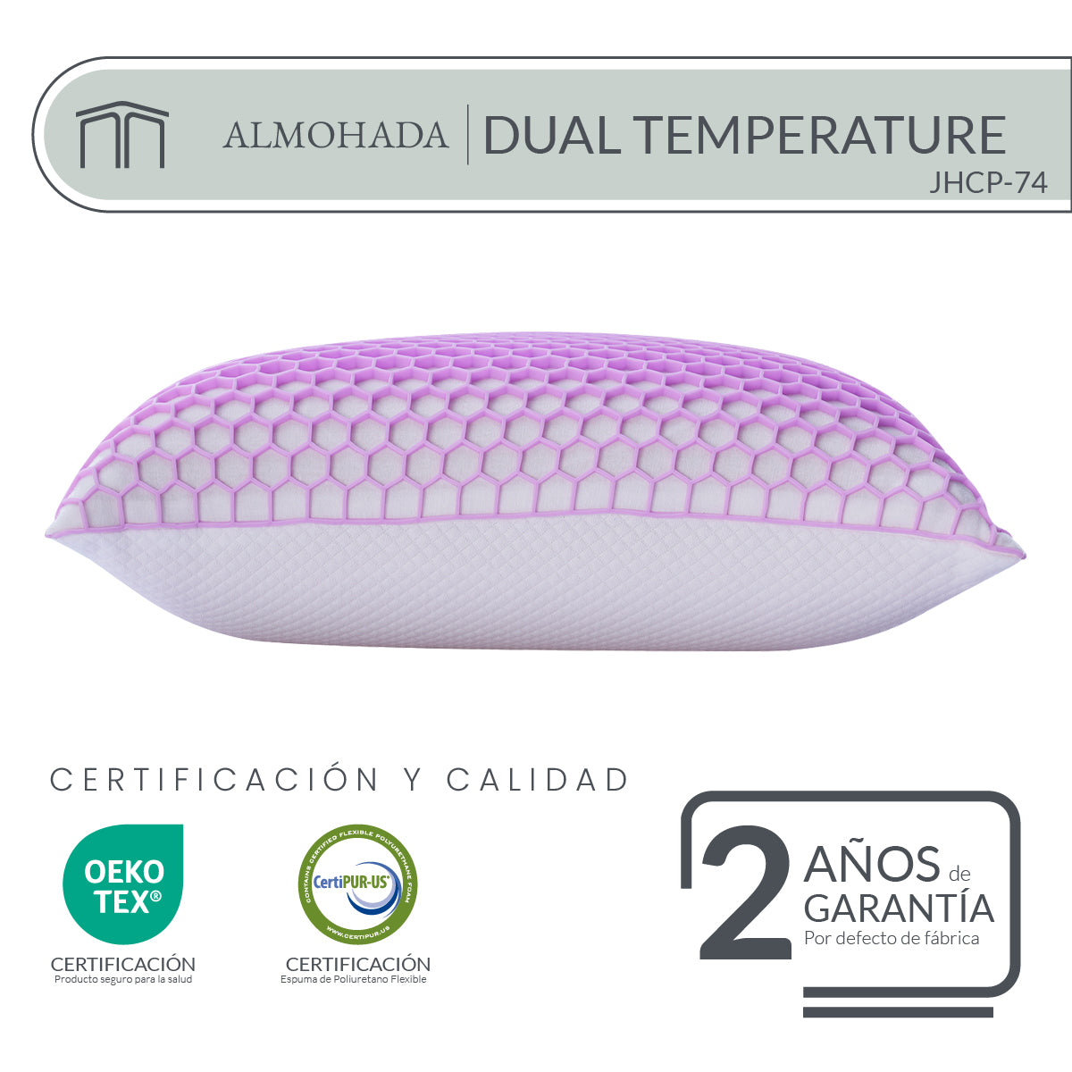 Almohada Memory Foam Dual Temperature JHCP-74 Ergonómica con Tecnología Honeycomb Tech y Soporte Cervical 74x48 cm
