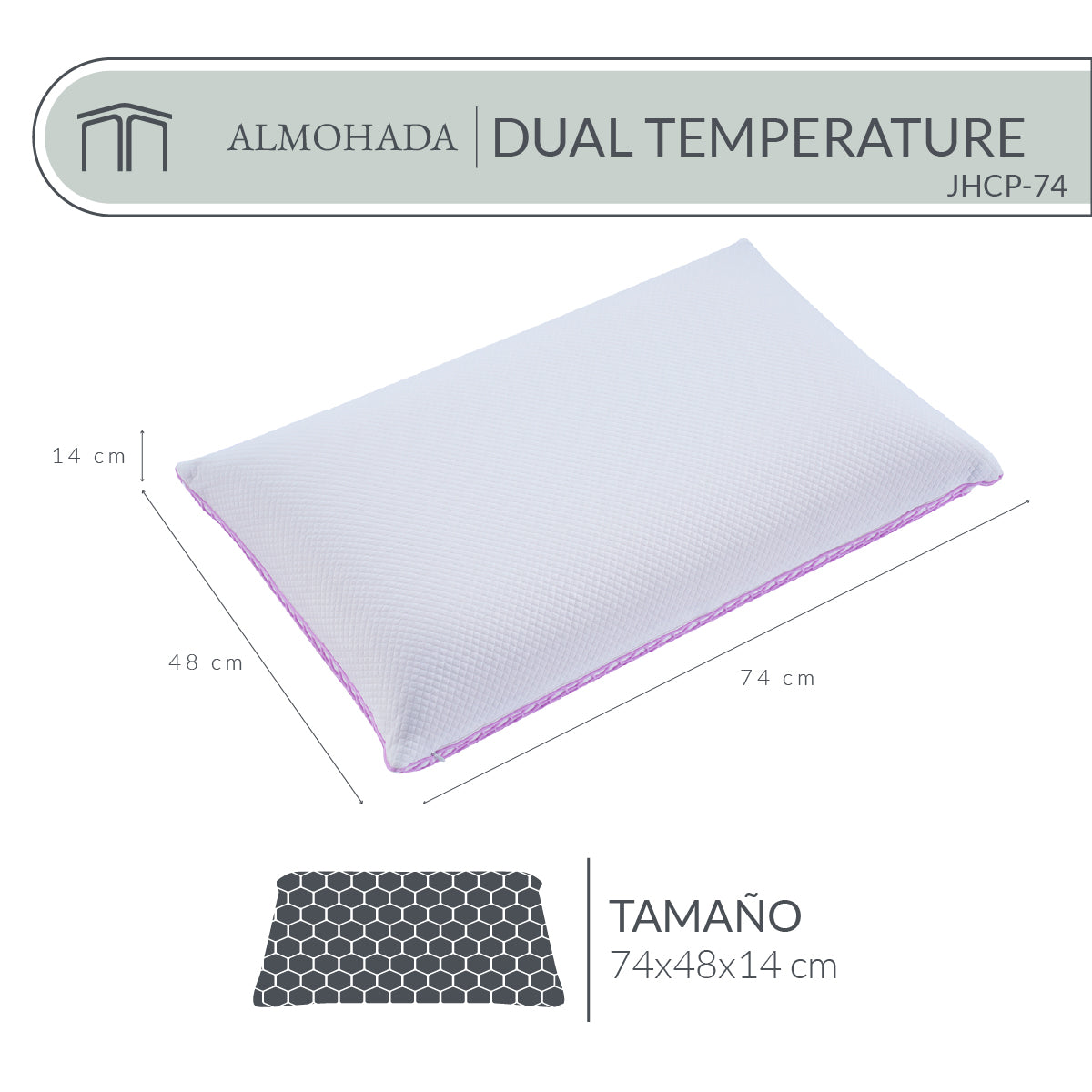 Almohada Memory Foam Dual Temperature JHCP-74 Ergonómica con Tecnología Honeycomb Tech y Soporte Cervical 74x48 cm