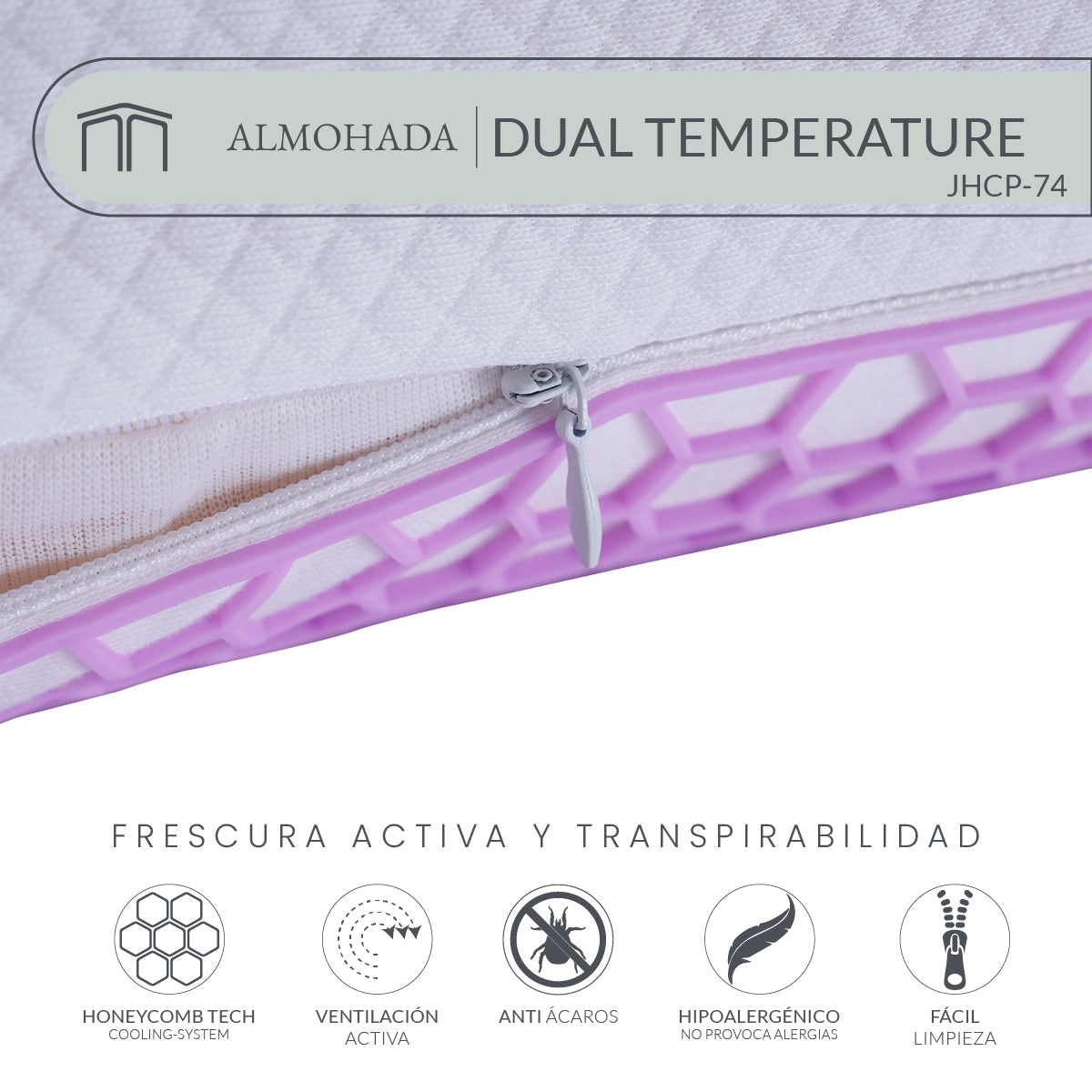 Almohada Memory Foam Dual Temperature JHCP-74 Ergonómica con Tecnología Honeycomb Tech y Soporte Cervical 74x48 cm