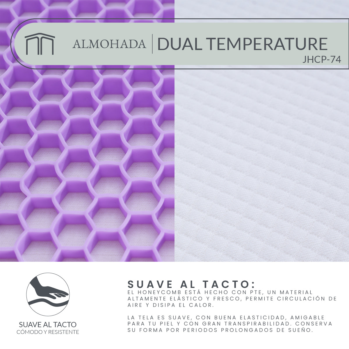 Almohada Memory Foam Dual Temperature JHCP-74 Ergonómica con Tecnología Honeycomb Tech y Soporte Cervical 74x48 cm