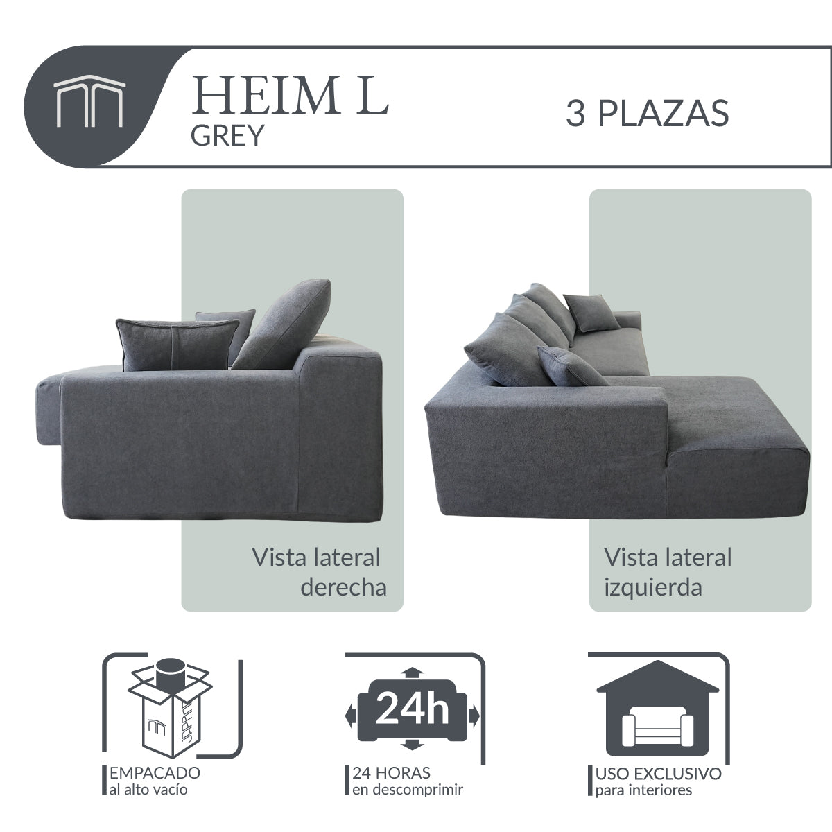 Sofá HEIM L Grey 3 plazas