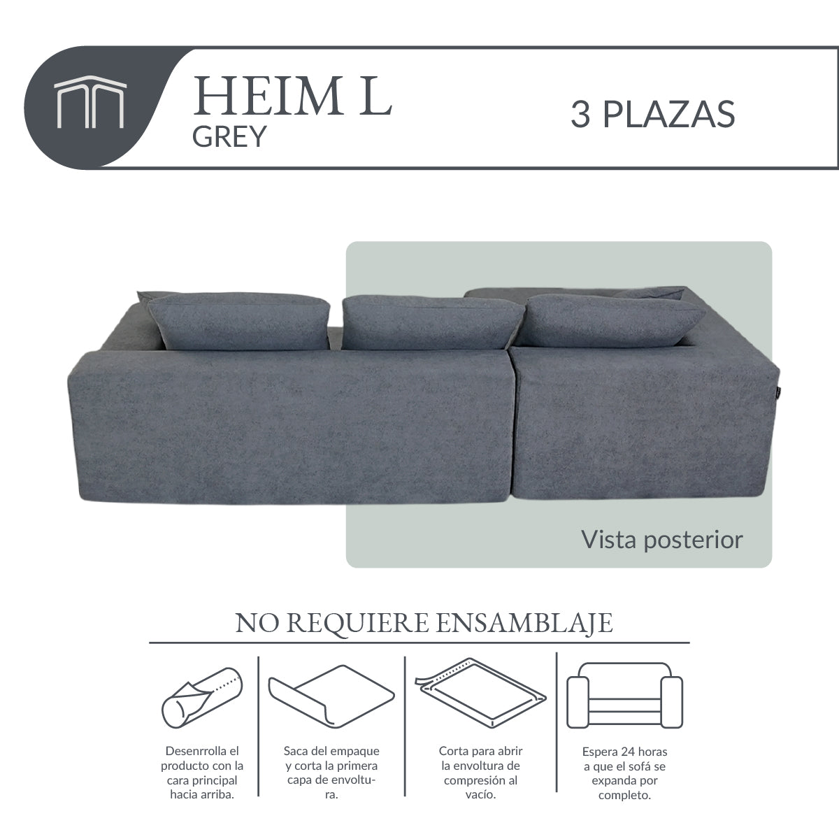 Sofá HEIM L Grey 3 plazas