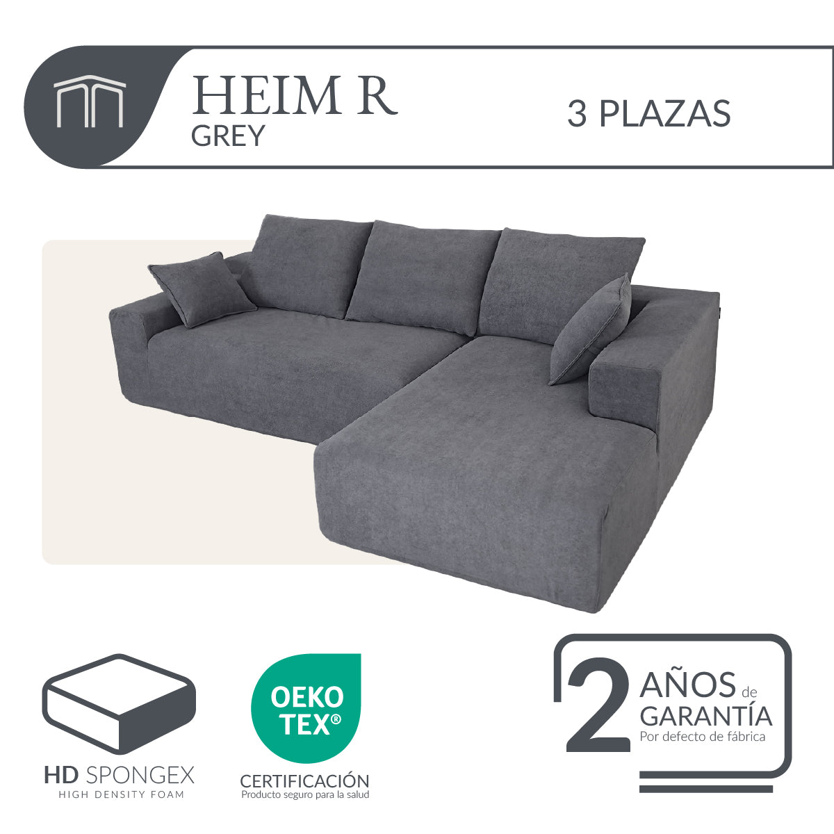Sofá HEIM R Grey 3 plazas