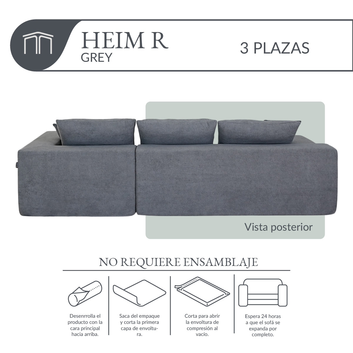 Sofá HEIM R Grey 3 plazas
