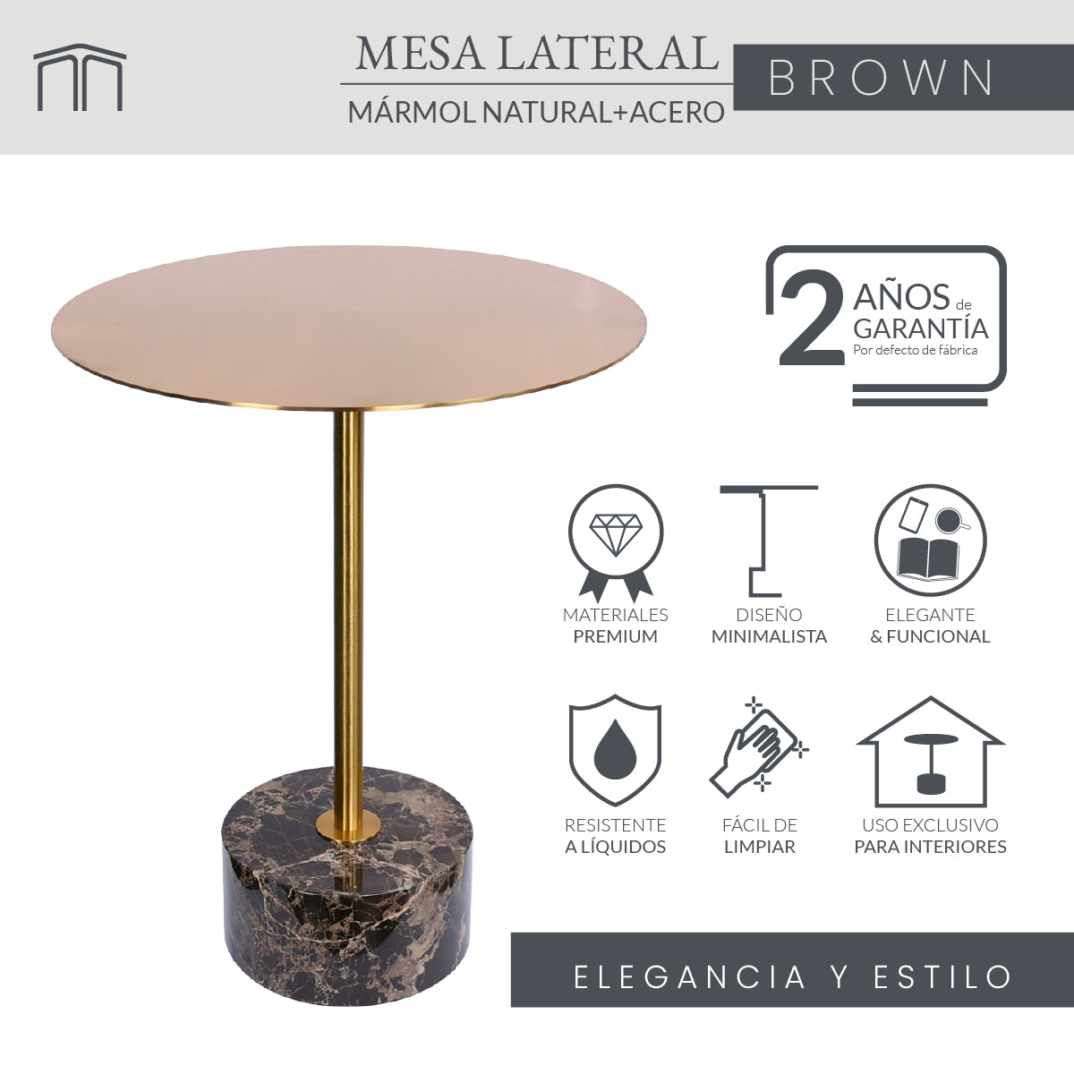 Mesa Lateral Mármol Natural Y Acero Cepillado Marrón 40x50 Japandi