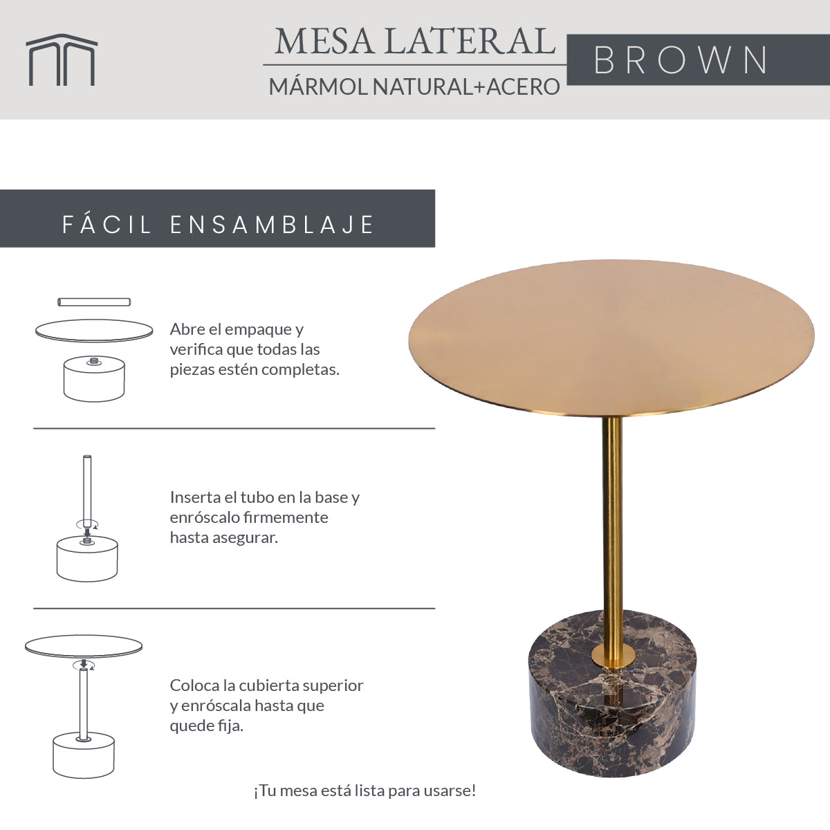 Mesa Lateral Mármol Natural Y Acero Cepillado Marrón 40x50 Japandi