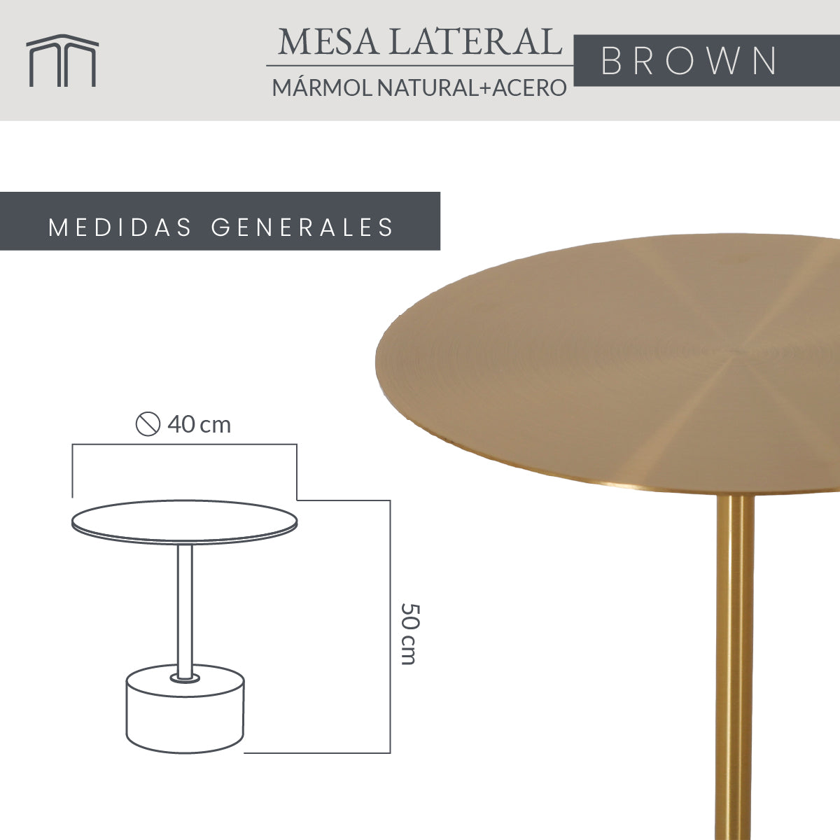 Mesa Lateral Mármol Natural Y Acero Cepillado Marrón 40x50 Japandi